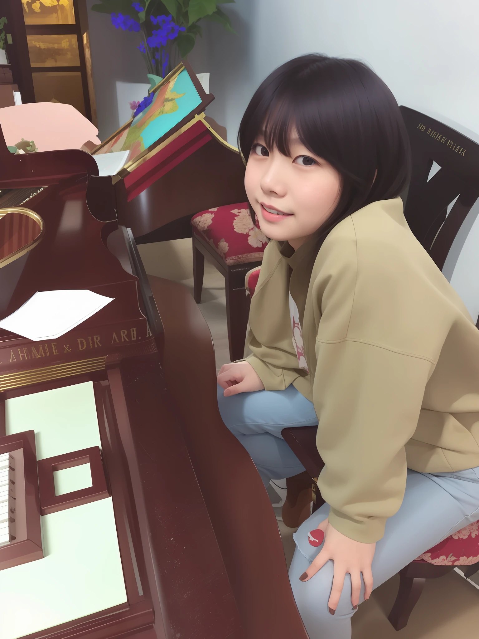 There was a young girl sitting in a chair in front of the piano, very very low quality picture, profile picture 1024px, personal profile picture, hime-cut, chiho, photo of Girl, taken in the early 2020s, Young Asian girl, Yoshitomo Nara, xintong chen, Profile picture