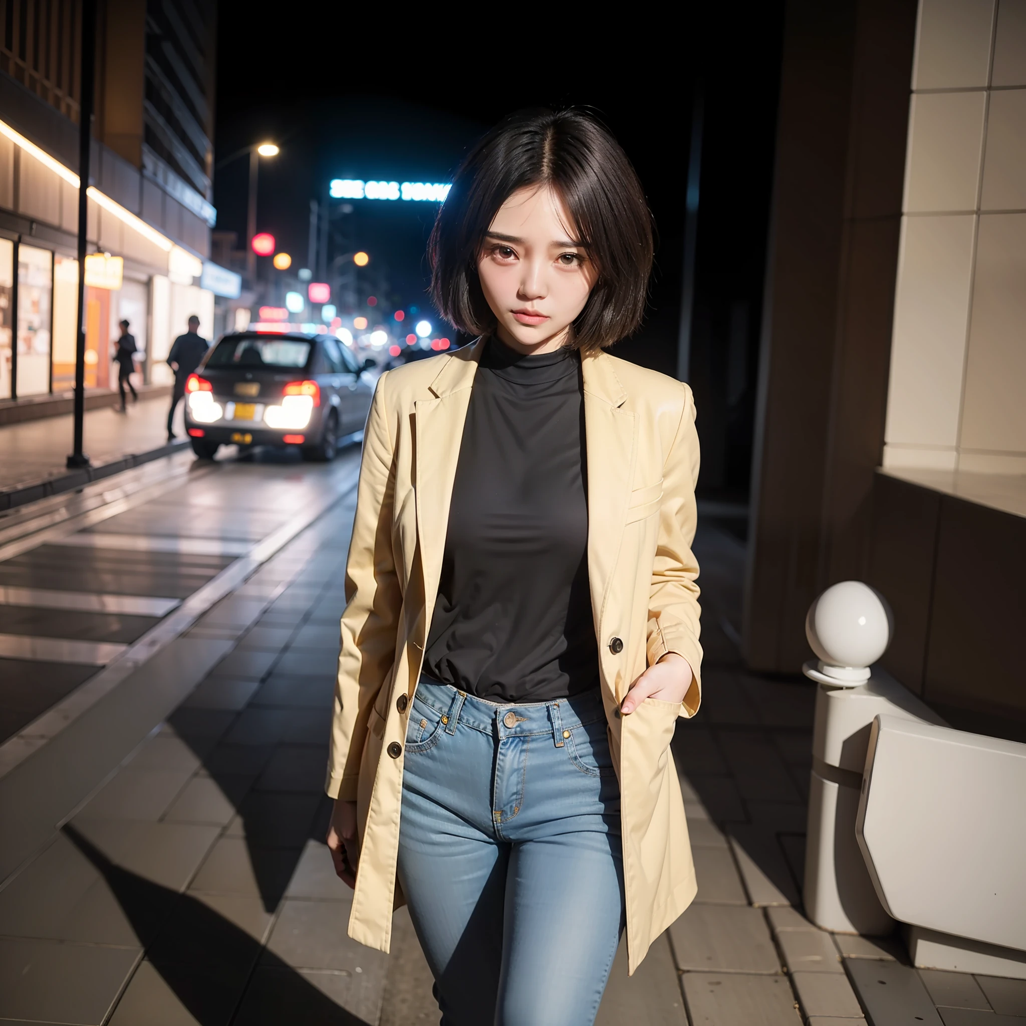 Black fluffy short hair girl,Lips slightly open,Hand pockets,Black shirt,Yellow coat,short jeans pants,full bodyesbian,Bustling street,flower pots,the night,full of lights,strong contrast of light and shadow,tmasterpiece,meticuloso,Dense crowds,vehicles,Sony lens,photore,
