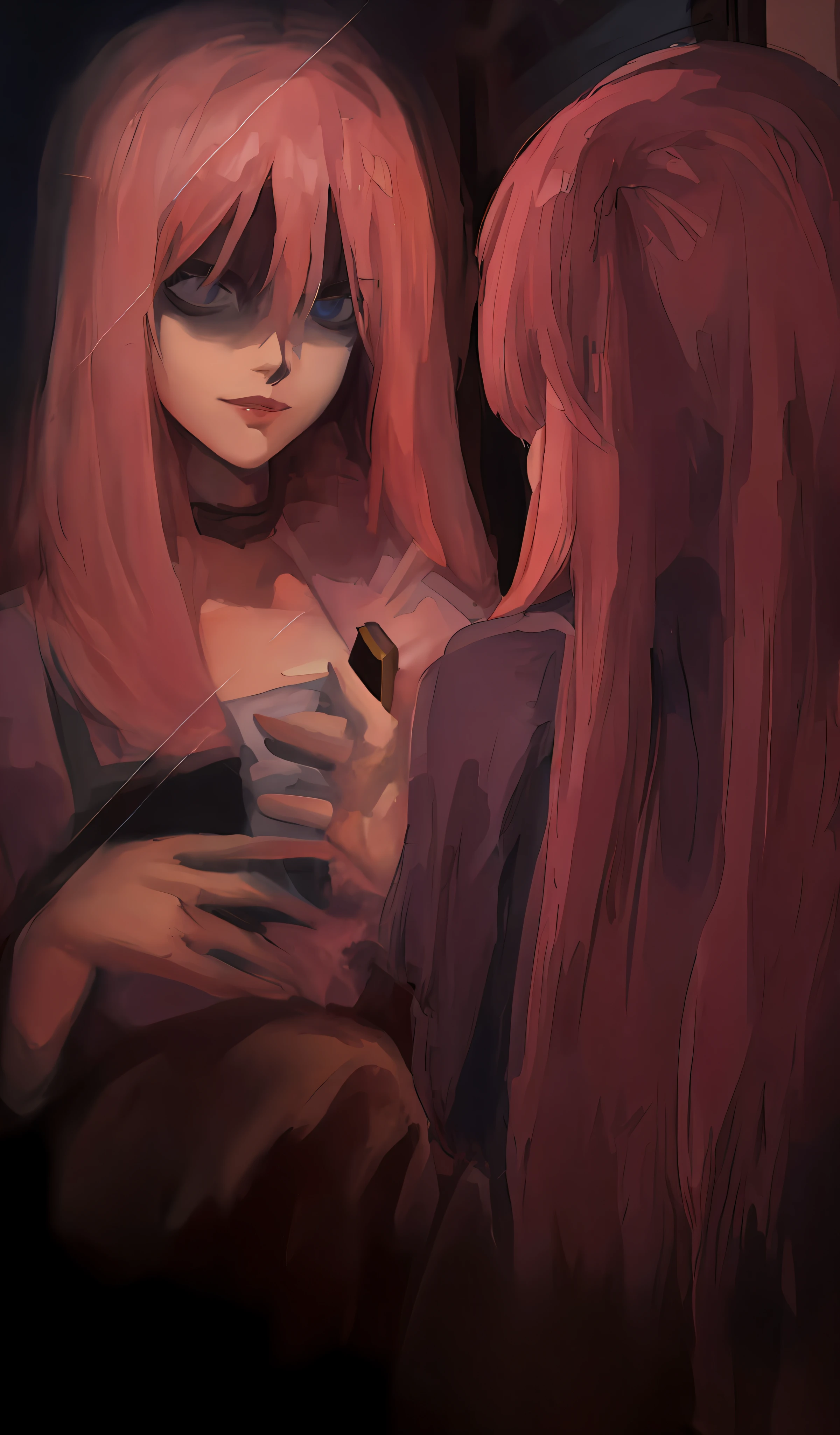 anime girl with pink hair and a red dress holding a knife, painted in anime painter studio, made with anime painter studio, soft digital painting, high detailed. digital painting, by Shingei, detailed digital painting, speedpaint, ultra detail. digital painting, digital art on pixiv, soft anime illustration, smooth. digital painting, [ conceptual art ]!!, realistic painting, semi-realism, night, low ligthing, shadow, blood, huge breast, style,artstyle, rabbit, lora, scary face, mirror, scary mirror, creepy smile