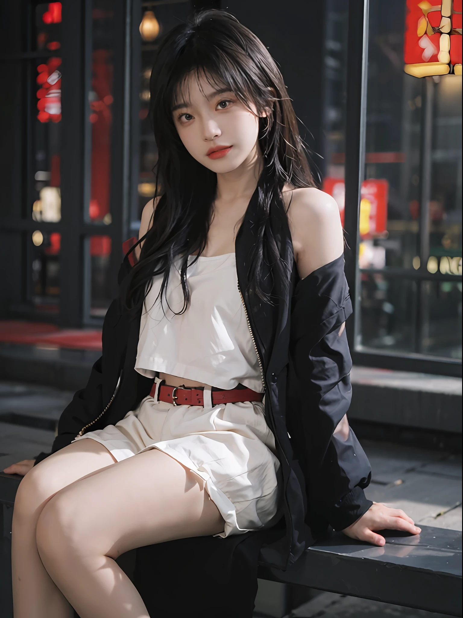 best quailty，tmasterpiece，super high-RES，（true to life：1.4），1girlhugebreasts，oral sexy，（Open black coat），（Red bandeau top：1.5），Red bandeau top，（Black shorts），（Night atmosphere：1.5），  Glowing skin，detailed eye, 二重まぶた，length hair，fair white skin，Sitting charmingly on a tall building， Long thin legs