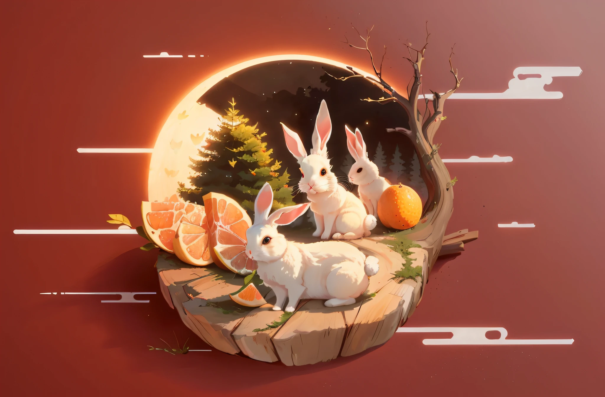 There were two rabbits sitting on a piece of wood,There are obvious details on it, Large grapefruit, a forest with bunnies, In the style of Cyril Rolando, Inspired by Cyril Rolando, cyril rolando and goro fujita, author:Ivan Generalić, author:Cyril Rolando, Cute detailed digital art, Stylized digital illustration,2D illustration style