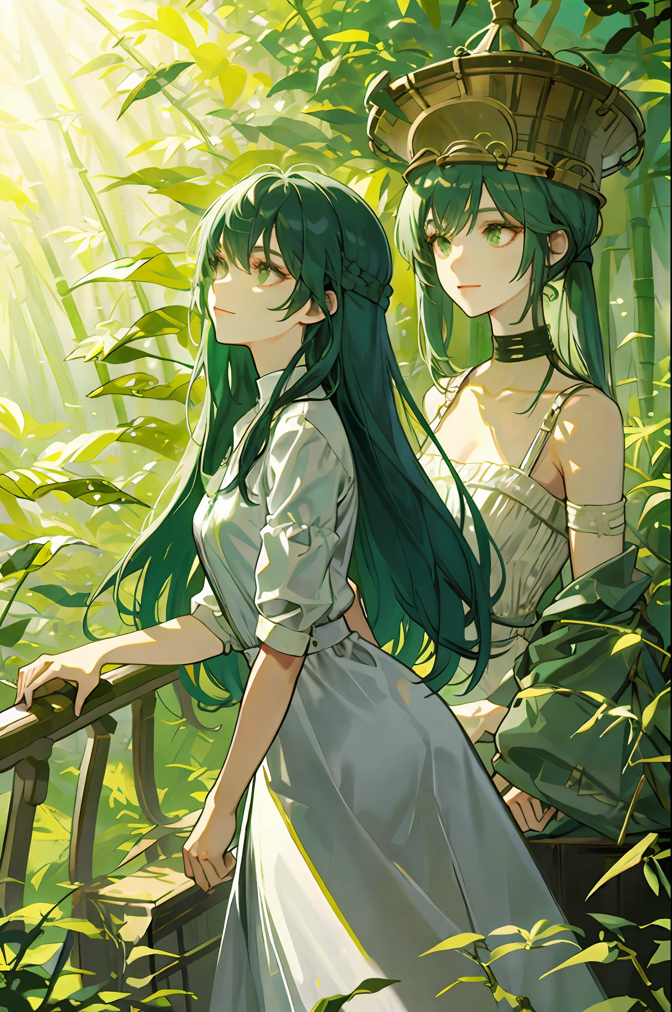 Grass and wood people,A small cage in the green forest,Tall bamboo groves,Under the light sunlight of the forest,Foggy,A mysterious woman dressed in a long white dress,Take a walk among the bamboo forests...