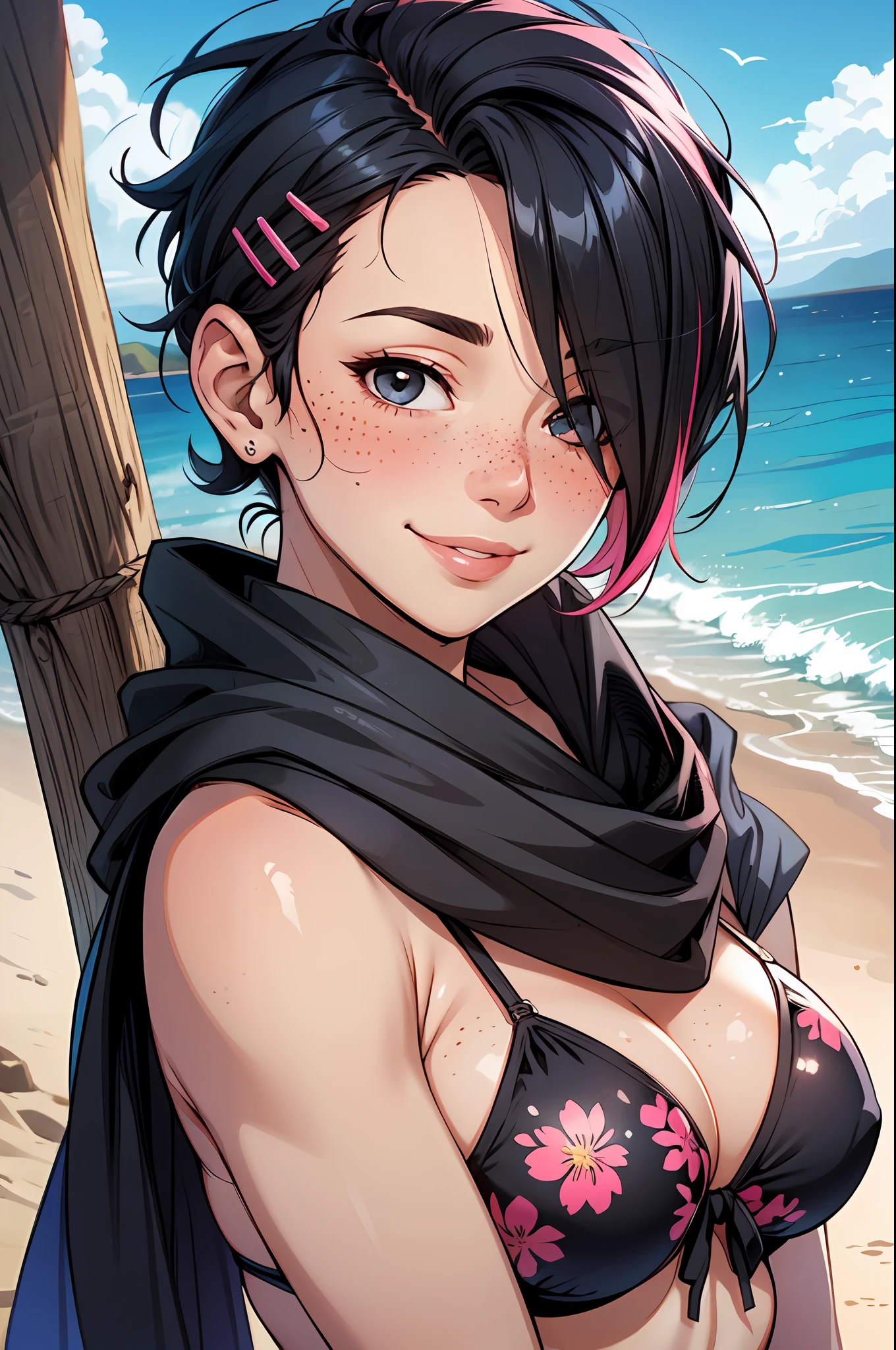 (mature female:1.4), short hair, pony tail, multiple hair clip, black hair color,  black bikini, pink shawl flower motive, seductive smile, shy, freckles, blush face, blue sky, seashore, arms behind head, hair over one eye, dynamic lighting, high contrast, two tone lighting