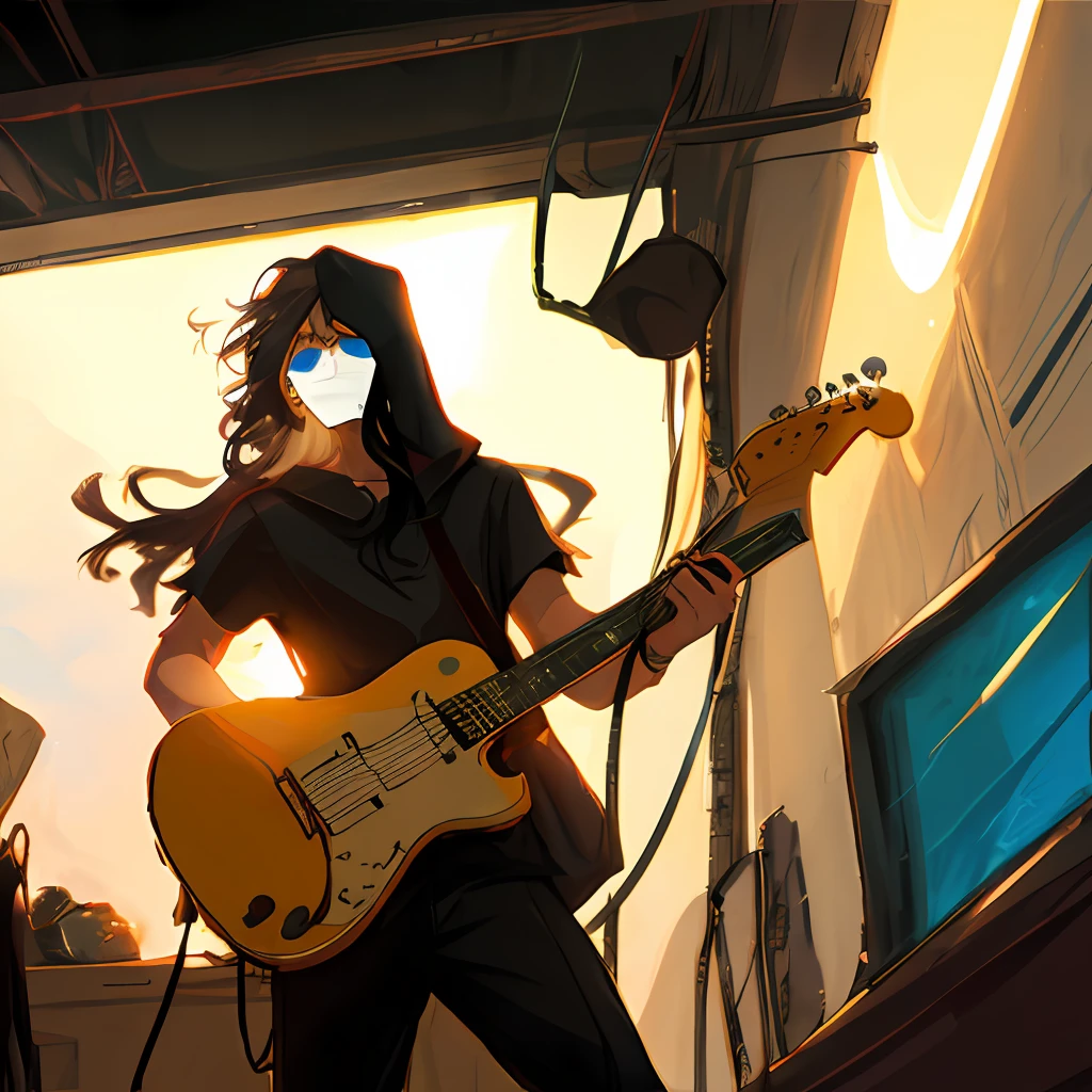 British Rock Boy Long hair covering eyes Holding guitar Corners of mouth raised Eyebrows deep into sides of hair Dark English doodle on background