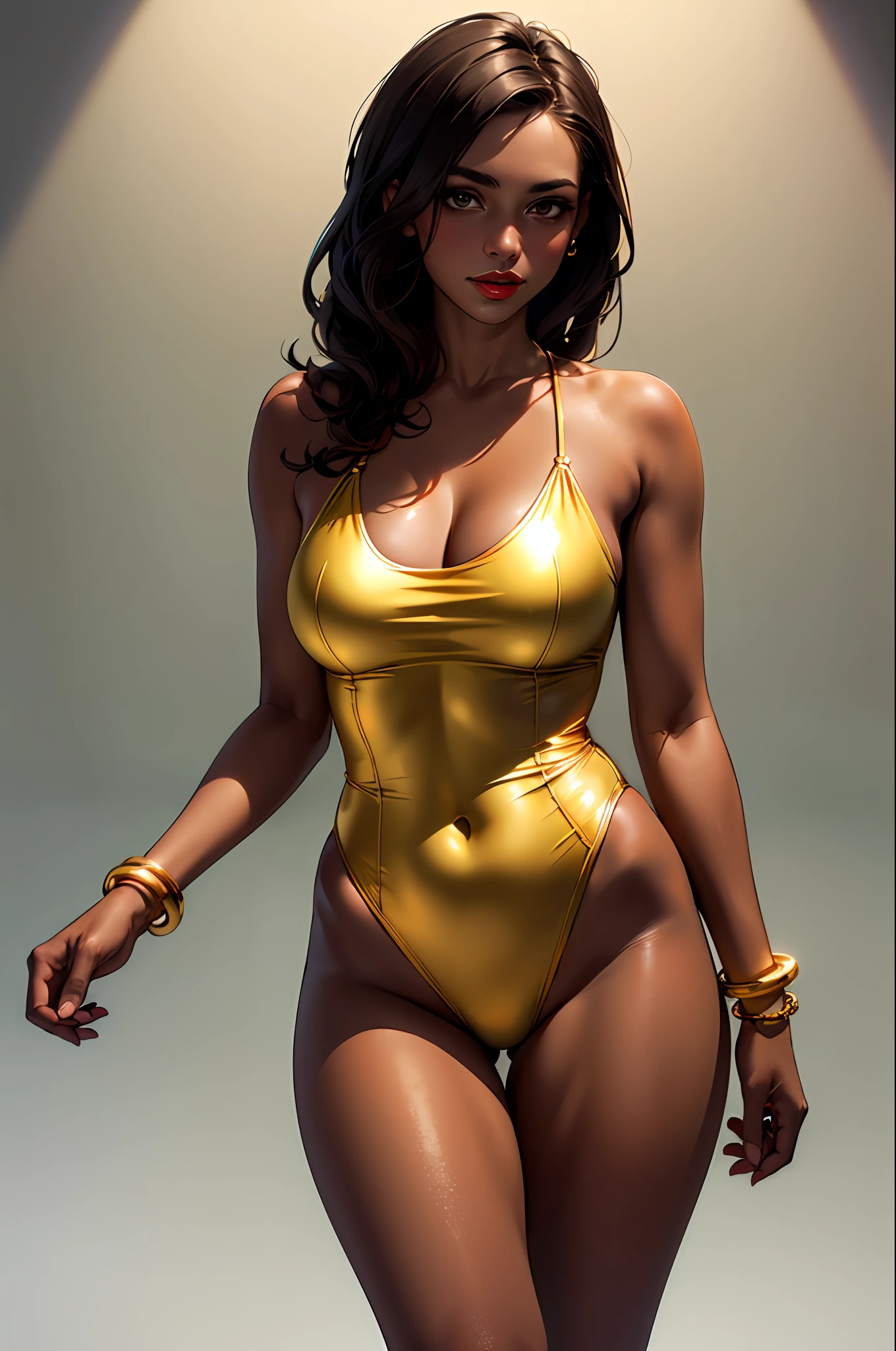 (​masterpiece:1.4)、(top-quality:1.4)、
1girl in, Golden swimsuit,A dark-haired, Brown-skinned), A bracelet, jewely, large full breasts, length hair, looking at the viewers, simple background, 独奏 ,realisitic,(shinny skin),(​masterpiece:1.4),(top-quality:1.4),red-lips