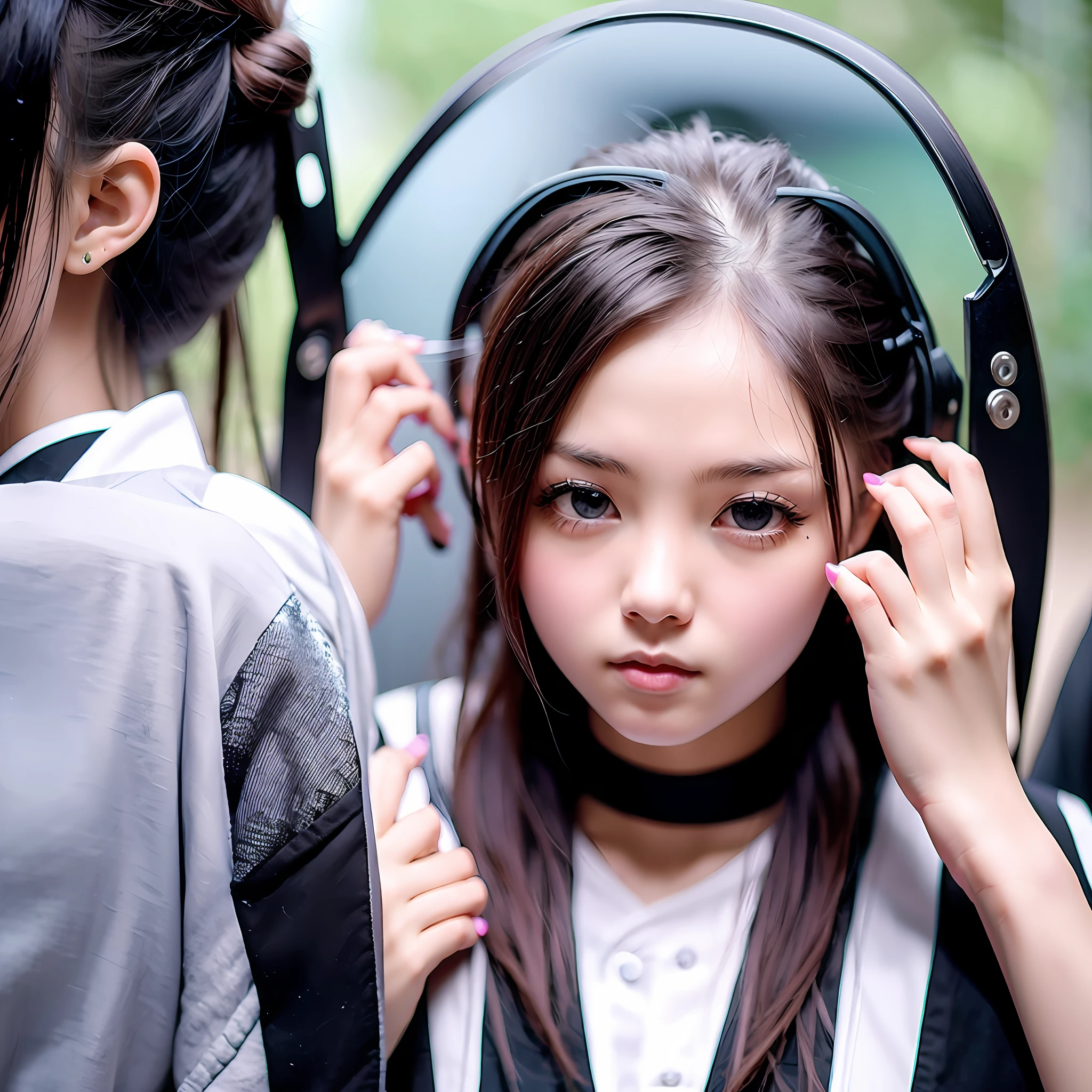 Male high school student black coat to take a picture in the mirror (Ray traching)Hair three or seven points --auto