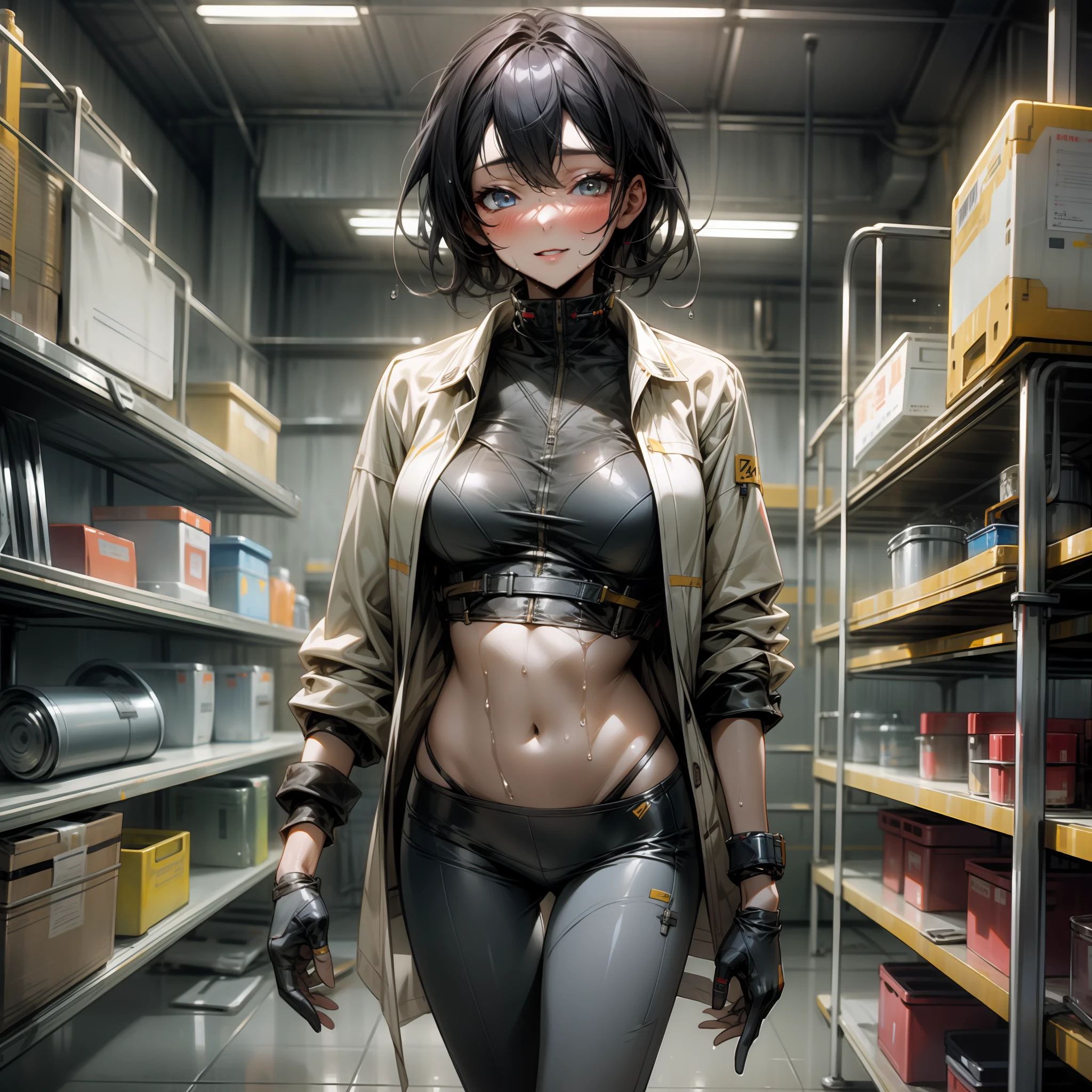 sexy girl, walking seductively, revealing wet clothes, lab setting, workshop atmosphere, sexy,