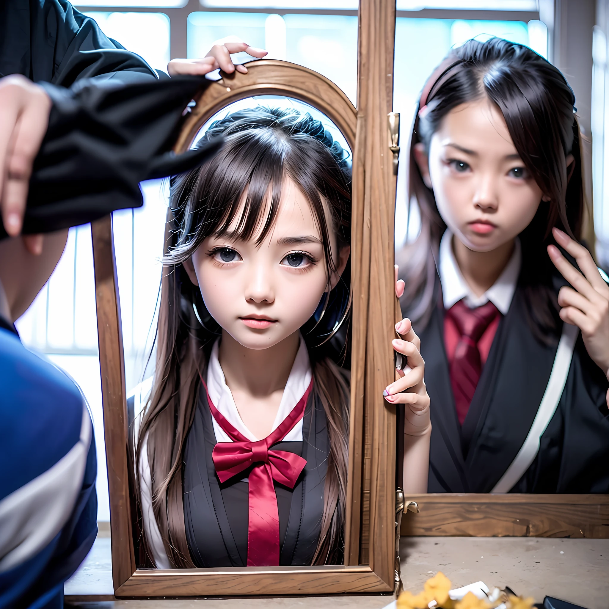 Male high school student black coat to take a picture in the mirror （Ray traching）Hair three or seven points --auto