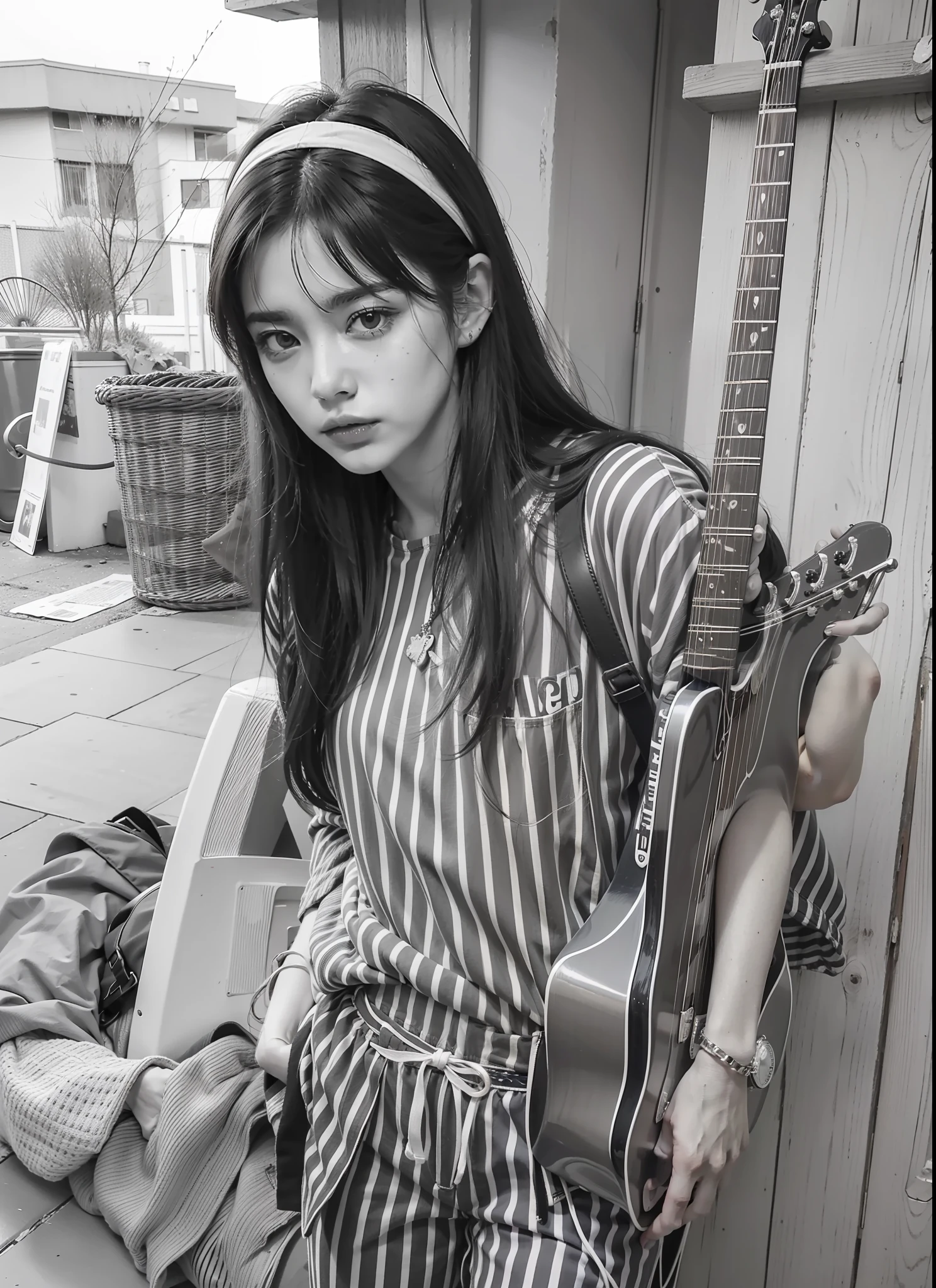 Black and white diagonal striped short-sleeved sweatshirt,Long hair and hair bands,Twitter painter Lewdua style,Loose straight striped trousers,Carrying a guitar on his back,with a melancholy expression,Hand in pocket