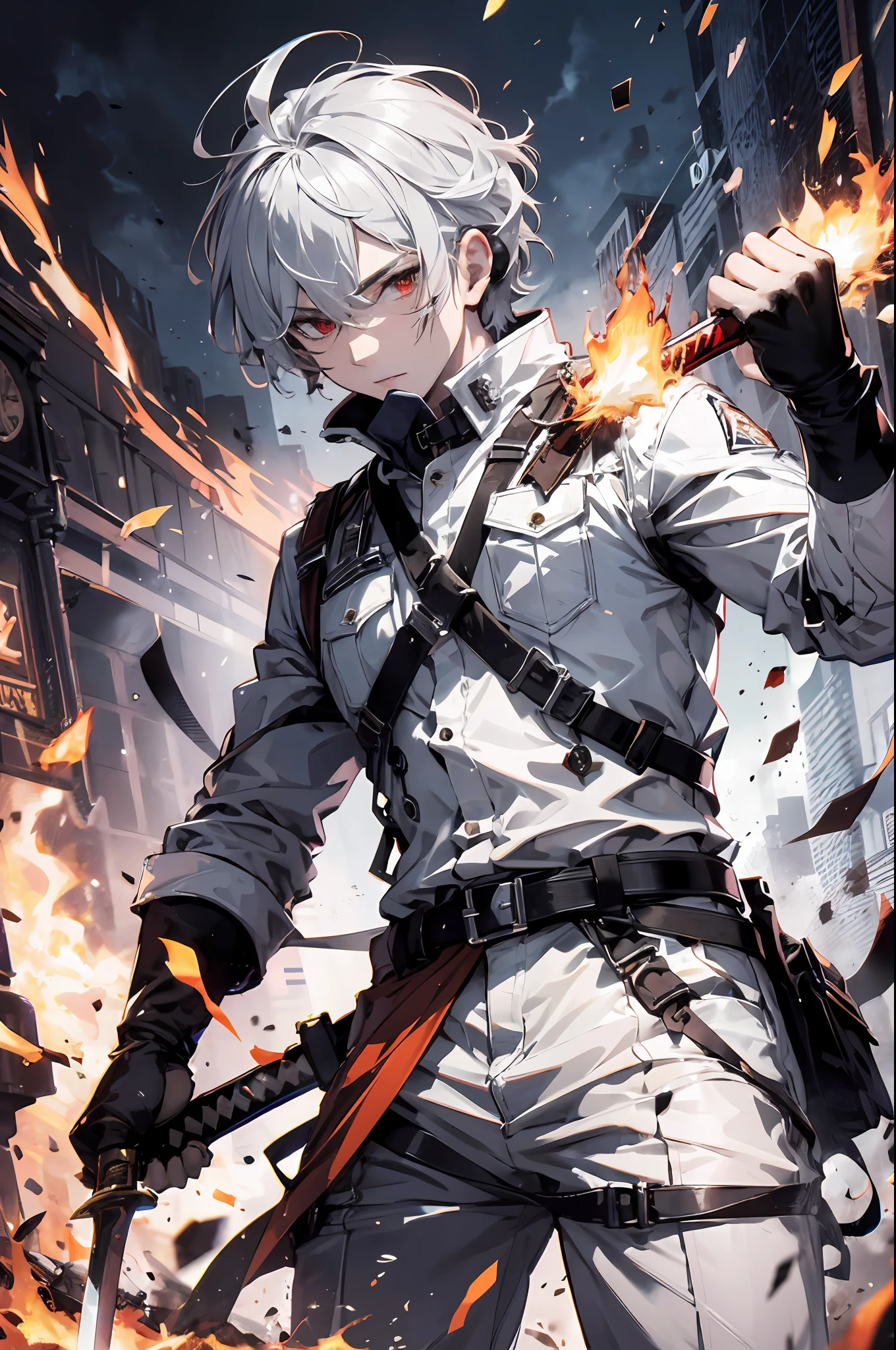 (absurdres, highres, ultra detailed),BREAK ,masterpiece, best quality, a man in white outfit, wielding sword, sword surrounded by fire, solo, handsome, finely eye, detailed face, short hair, white hair, vibrant red eye, ruined city, dark background, from below, look down, cowboy shot, swirl, vortex, spark