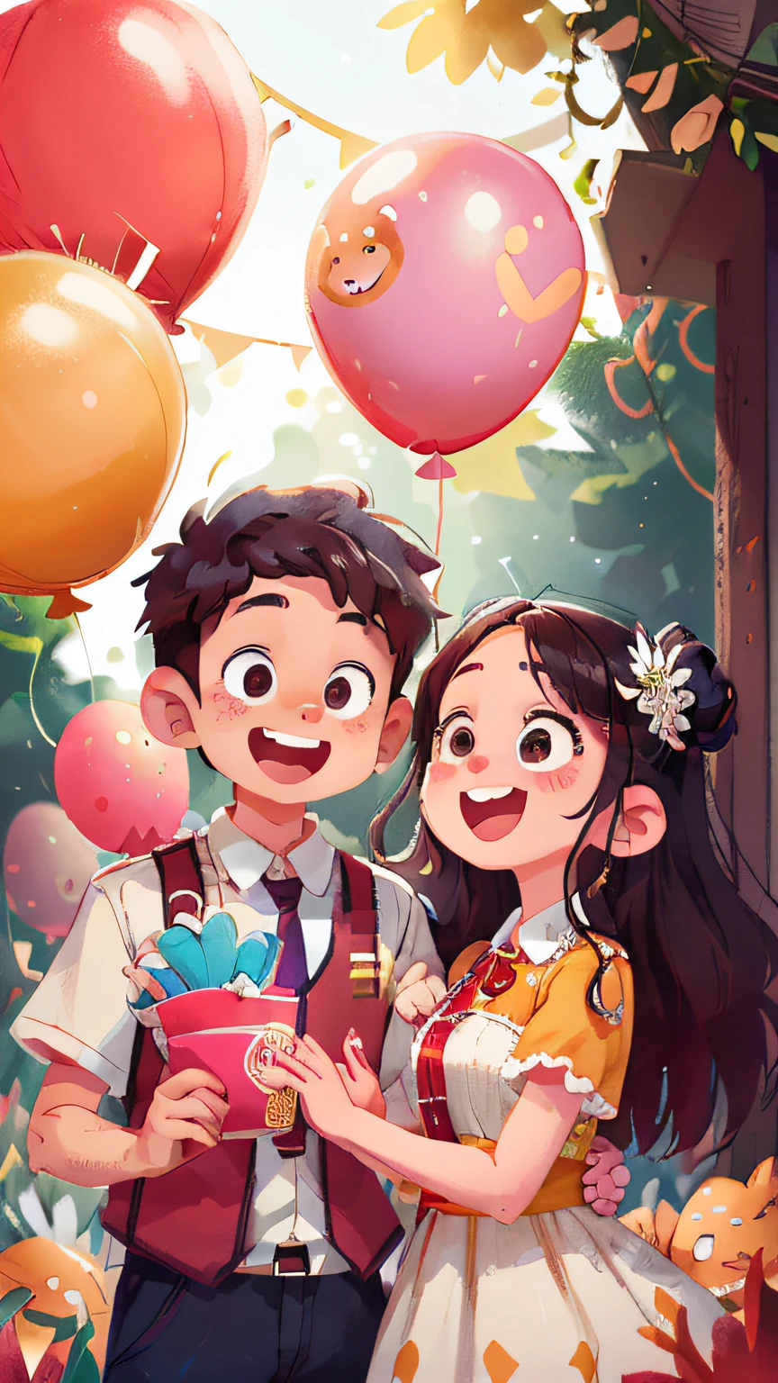(sfw)，A newly married man and woman，holding balloons，cheerfulness，rejoice，Perfect quality，Clear focus，extremely colorful，s the perfect face，Complicated details，ultra-low perspective，wide wide shot --v 6