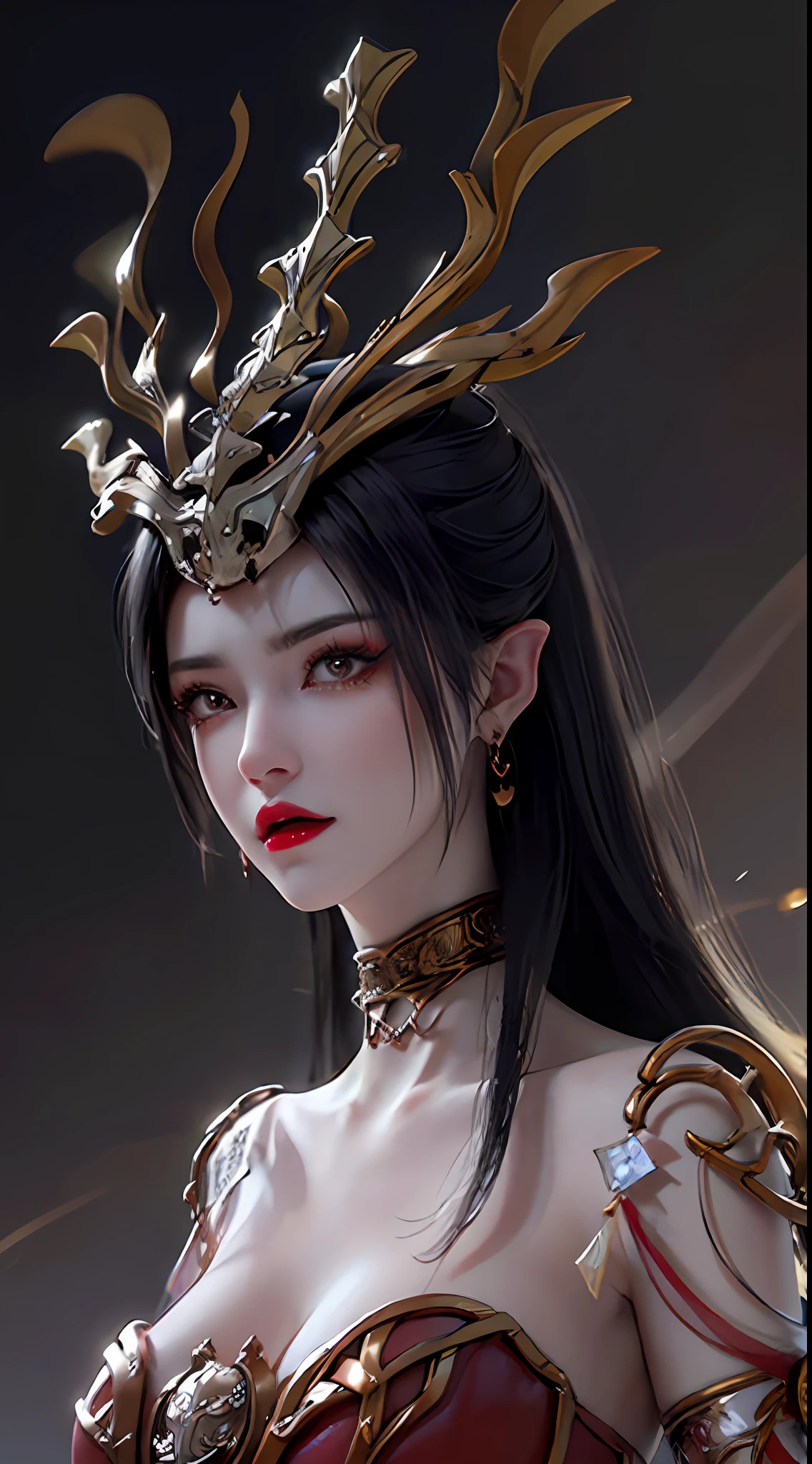 1 very beautiful queen medusha in hanfu, thin red silk blouse with many yellow motifs, black lace top, crown worn on her head, long bangs and dyed black ponytail, beautiful hair jewelry , pretty and cute face, perfect face, earring jewelry, light purple bunny ears, antique jewelry, big red eyes, sharp eye makeup, meticulous makeup eyelashes, feathers thin eyebrows, high nose, pretty red lips, no smile, pursed lips, rosy cheeks, wide breasts, big breasts, well-proportioned breasts, slim waist, red mesh stockings with black lace, Chinese hanfu style, bad art patterns texture, vivid and true colors, RAW photos, realistic photos, ultra high quality 8k surreal photos, super cool photos, (virtual lighting effect: 1.8), 10x pixels, magic effect (background) : 1.8), super detailed eyes, beautiful girl body portrait, girl alone, ancient hanfu background, looking directly at the audience, wide original photo, 8k quality, super sharp, detailed image most detailed and clear, detailed light background,