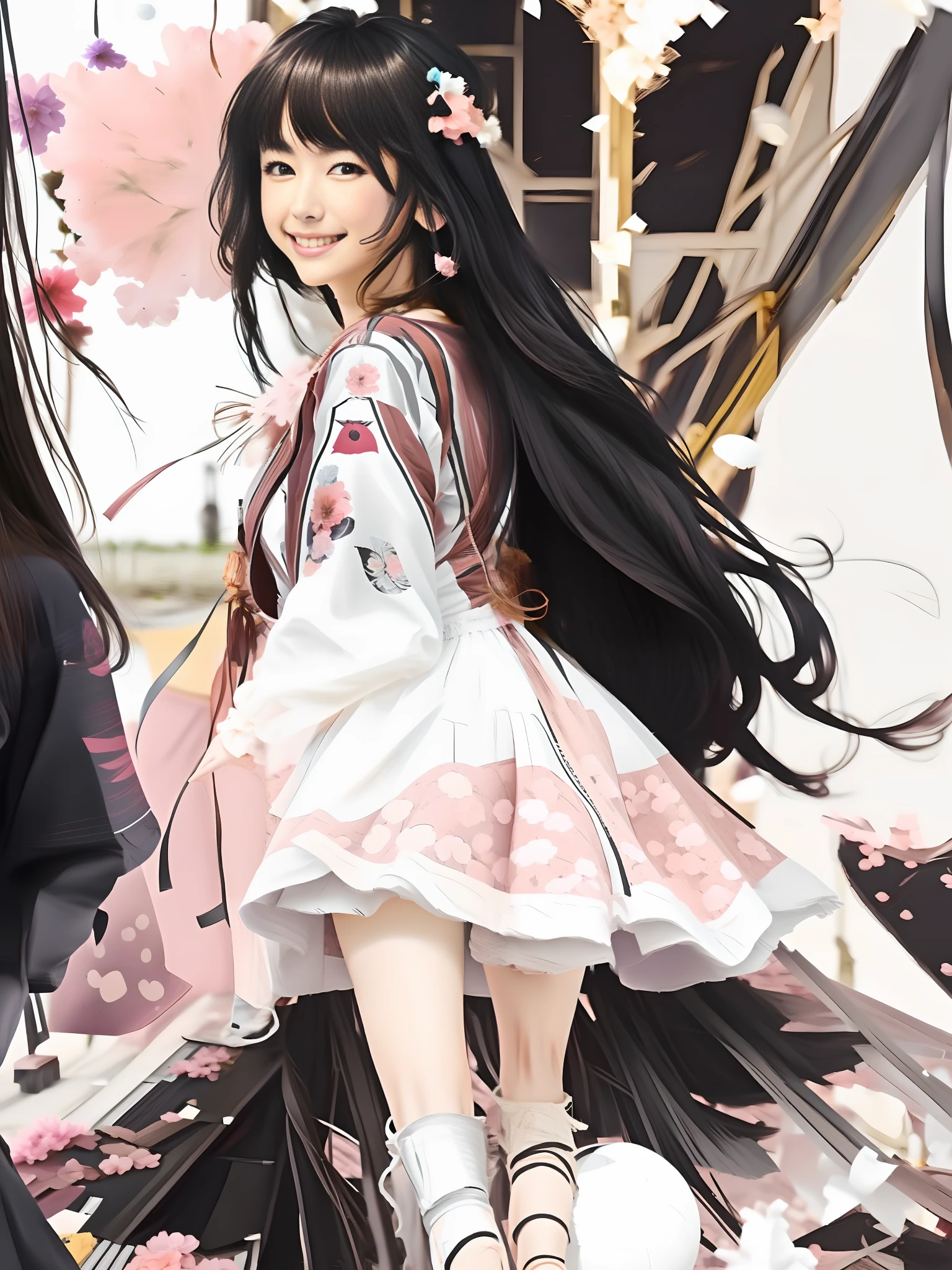 Live-action style，Black hair，White，Breeze in the wind，pastel pink dress，floral decorations，Footbells，Smile back，tmasterpiece，ellegance
