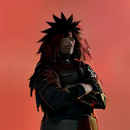 (masterpiece, best quality:1.2), red background, cowboy shot, solo, male focus, 1boy, uchiha madara, expressionless, looking at viewer, crossed arms, long hair, hair over one eye, japanese armor, black gloves