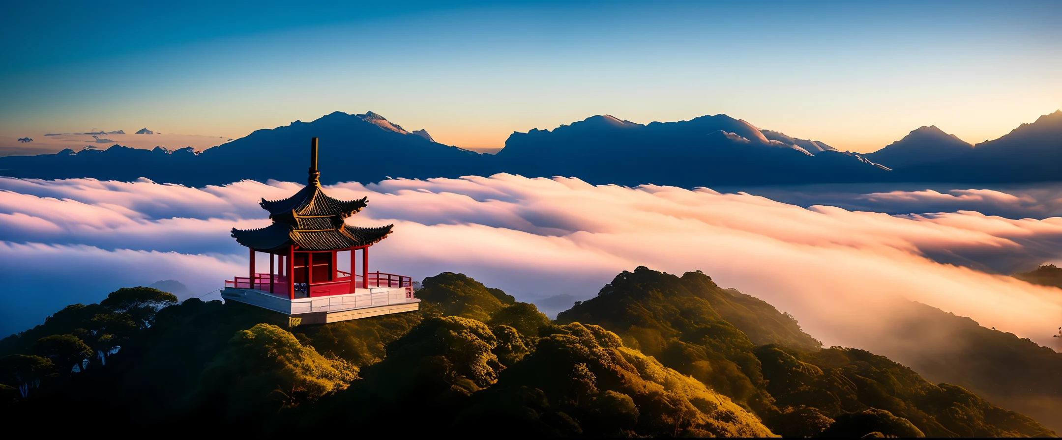 Taoist temple,hilltop,Cloud fog,epic look at your scene,The Gate of Heaven is in the air,Golden light,Dragons and tigers fly in the sky