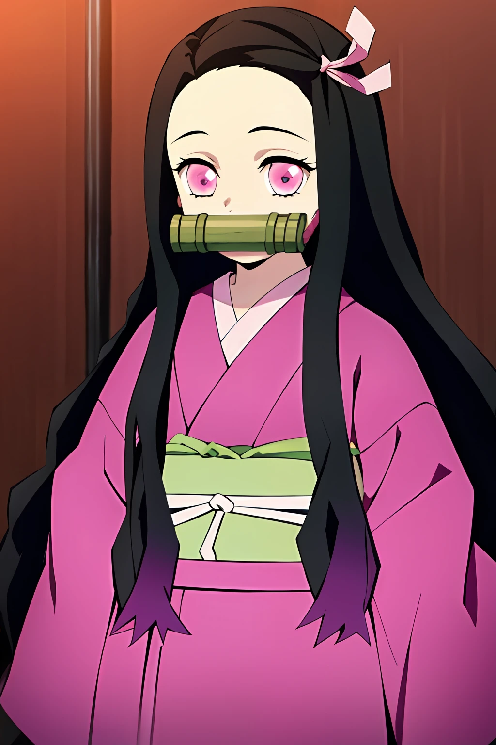 kamado nezuko, kimetsu no yaiba style, 1girl, black hair, forehead, hair ribbon, japanese clothes, kimono, long hair, multicolored hair, pink eyes, pink kimono, pink ribbon, ribbon, very long hair, gagged, bit gag, ((masterpiece))