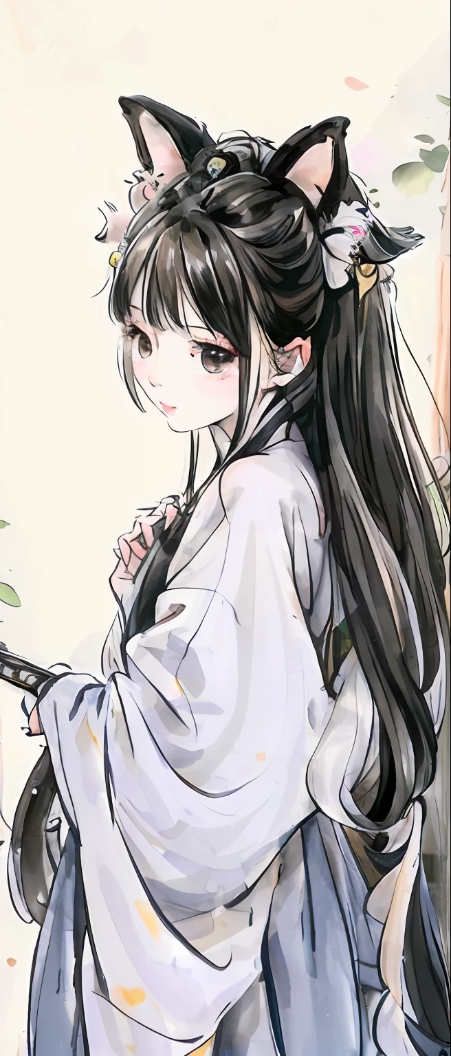 ((4k,masterpiece,best quality)), shuimobysim, Traditional chinese painting, lotuses, Hanfu, maxiskit, dress conservatively 1 girl, 独奏, whaite hair, long whitr hair, fox ear, white colors, 比基尼, The fish, Many fish are close to the girl, looking at viewert,