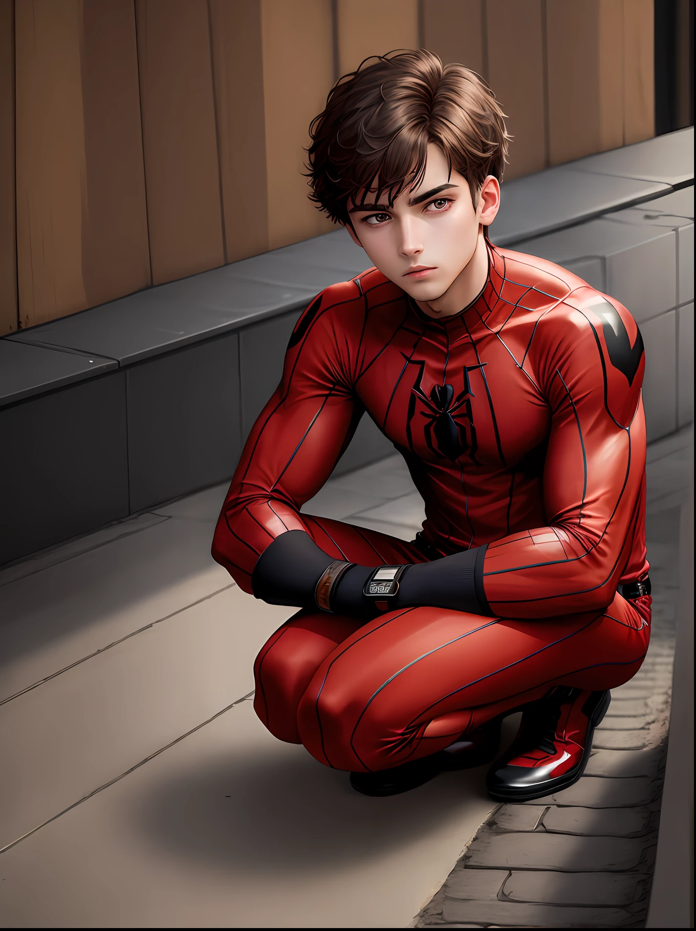 (masterpiece, best quality:1.2), solo, male focus, 1boy, expressionless, looking at viewer, squatting, short hair, (streaked hair:1.1), red eyes, spider suit, spider web print, spider web, rooftop