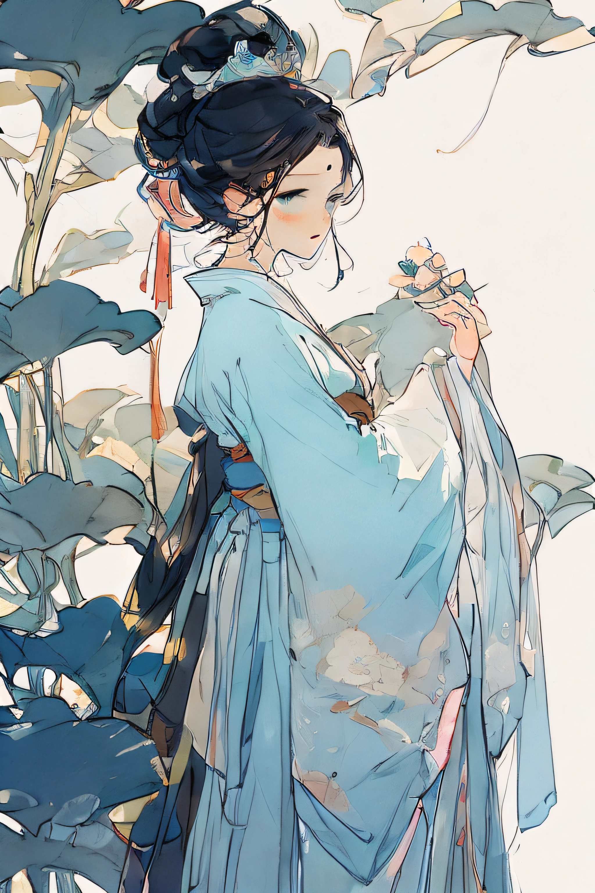 Ancient Chinese beauty sitting on stone, wearing ancient Chinese costume, flowing blue tulle, light silk, lazy pose, large lotus leaves, lotus flowers, ink painting style, clean colors, decisive cutting, white space, freehand, masterpiece, super detailed, epic composition, high quality, highest quality, 4k --v 6