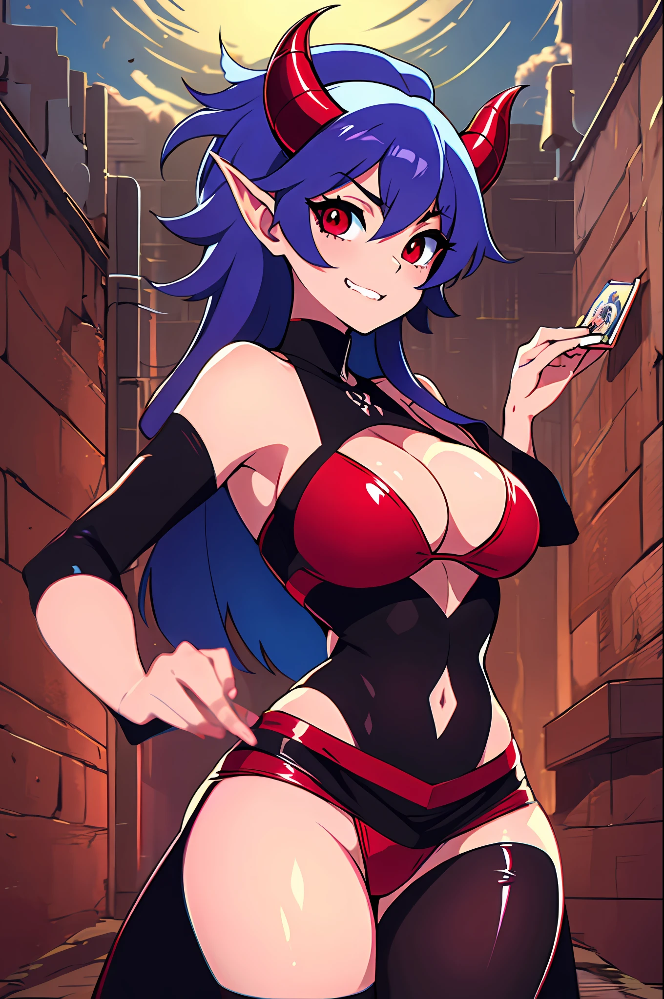 a cartoon picture of a woman in a red bikini and devil horns, succubus, demon girl, cheeky devil, demon anime girl, vampire girl, mika kurai demon, beautiful succubus, attractive matoi ryuko, succubus in tight short dress, monstergirl, demoness, ryuko matoi, androgynous vampire, very sexy devil outfit