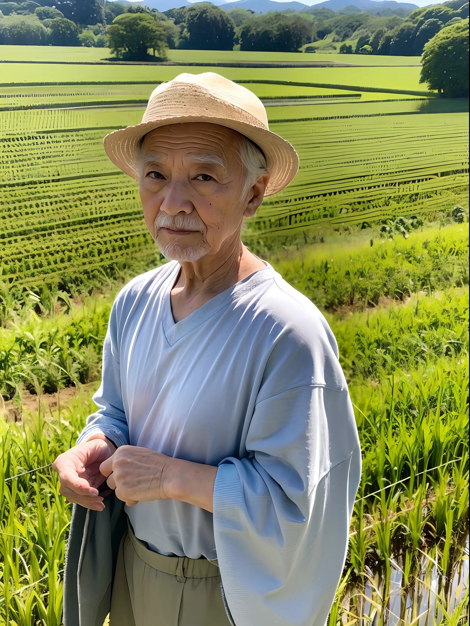 masterpiece、top-quality、1 male、Grandpa、70yo、japanes、Rice field background