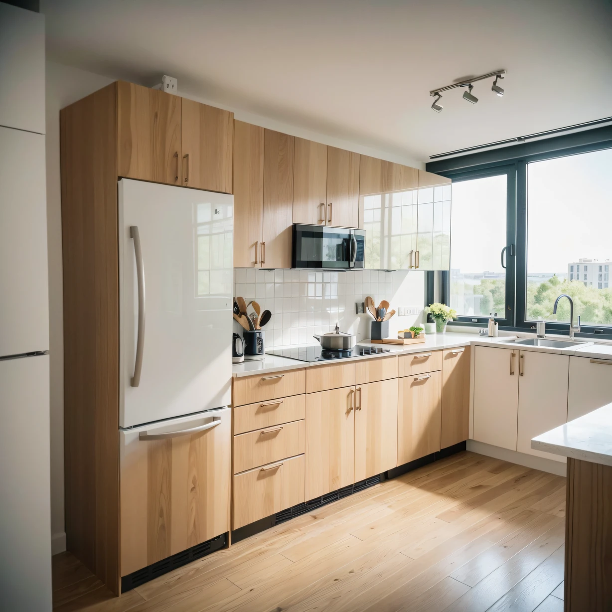 ，masterpiece, best quality，8k, ultra highres，Step into this minimalist Nordic kitchen，You will be blown away by its beauty。The simple and bright design makes the space more transparent，The white walls blend perfectly with the wood-colored furniture。Large expanses of windows bring in sunlight，Energize the cooking process。Neatly arranged kitchenware and cutlery，It gives a sense of order。opening refrigerator，Fresh ingredients exude a tempting aroma。A cup of hot coffee、A delicious breakfast，Make you look forward to the beginning of each day。This kitchen will be a stage for you to show your cooking skills and enjoy your food，Awaken your taste buds and sense of well-being。