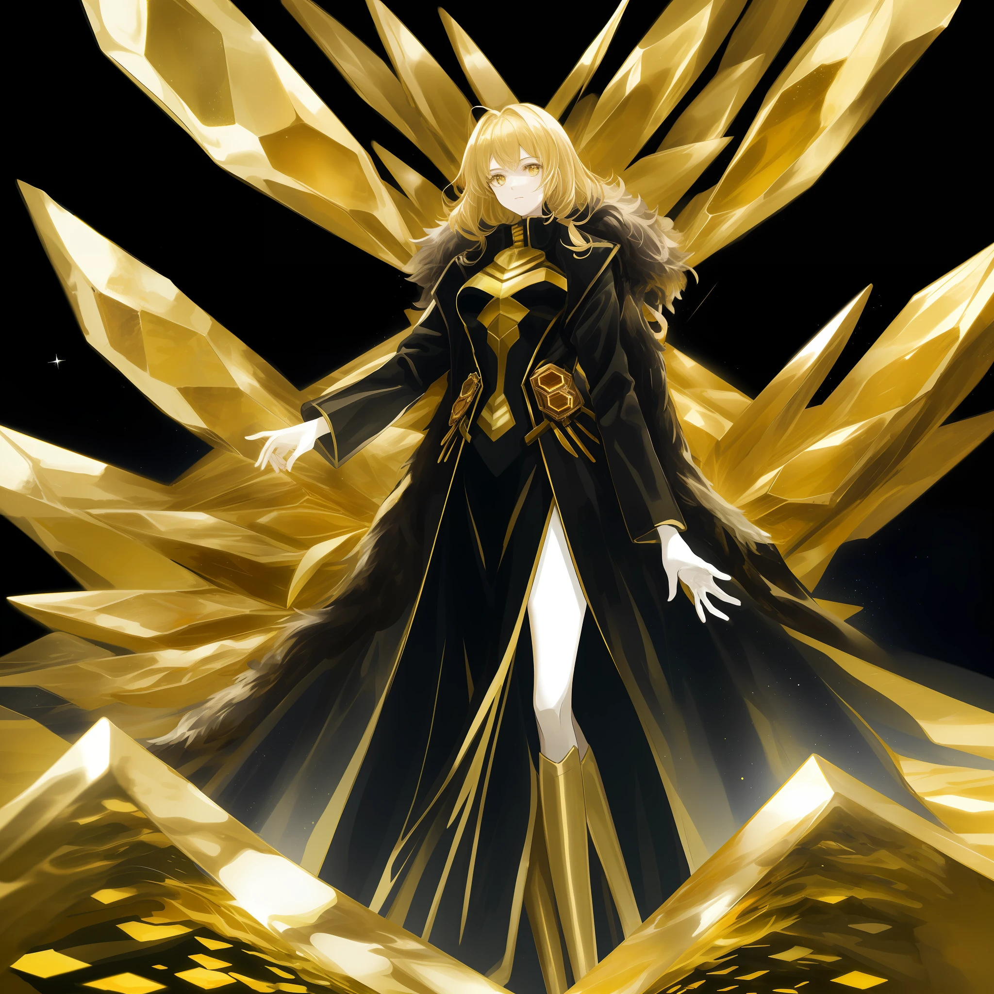 (Golden Ratio:1.2),[(black background:1.4)::10],(masterpiece), (best quality), (ultra detailed),(disheveled hair),(illustration),(1girl:1.3),solo,full body,medium breasts,(black and golden coat:1.3)+(fur coat:1.2)+(Golden hexagons arranged like a honeycomb:1.2),(tall body:1.2),(standing in observatory:1.2)+(See countless stars in the night sky through the transparent glass of the ceiling:1.3)+[(Inception:1.2)],Verism, chiaroscuro, depth of field, drop shadow, tachi-e, close-up, perspective, Wide-Angle, UHD, anatomically correct, textured skin, high details, high quality, best quality