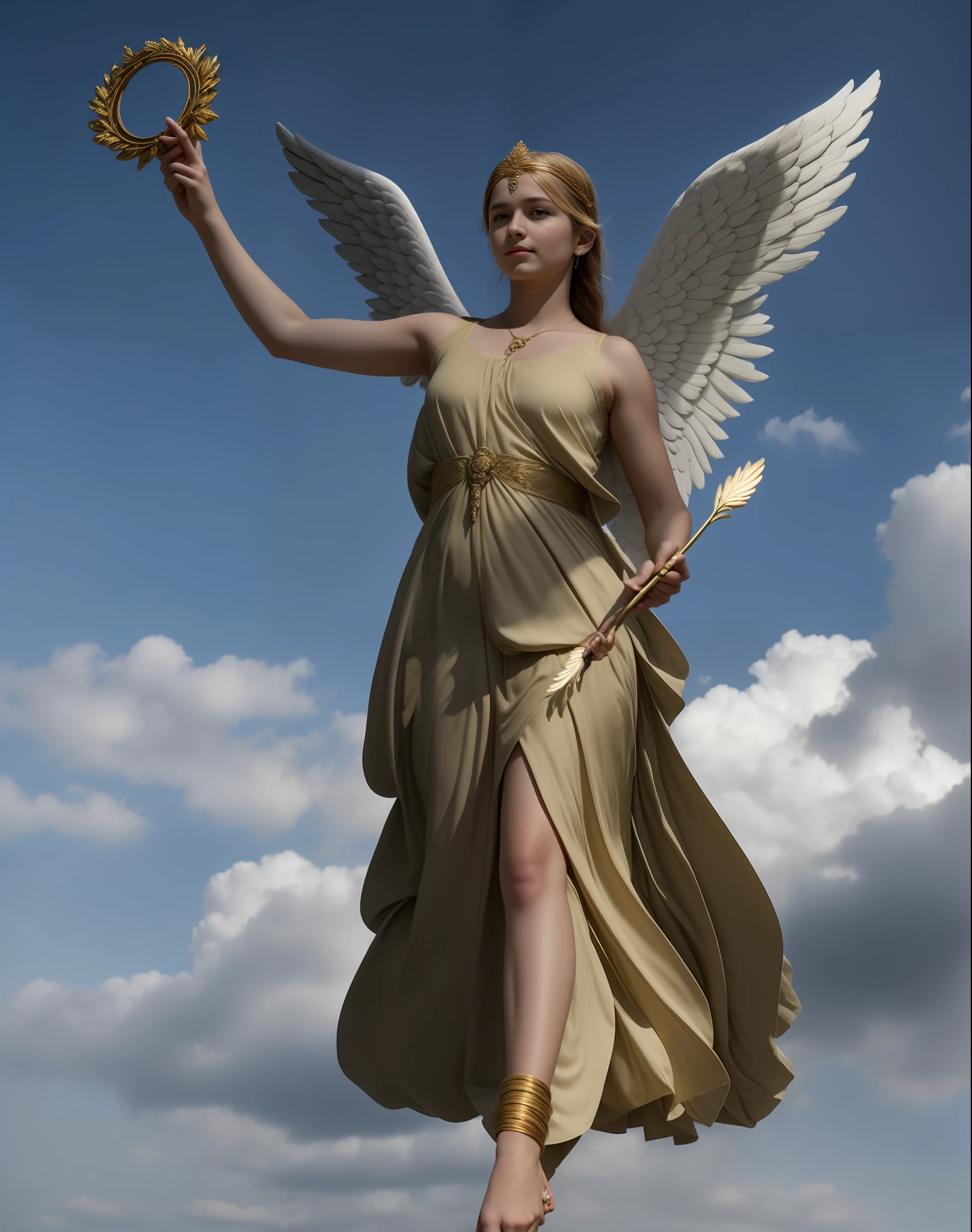 A young girl holds a circle made of an olive branch in her hand，The other held an olive branch in his hand, with fair skin，Golden hair，White coat，Barefoot，beautiful angel, tall female angel, Large wings of an eagle, Wings of Victory!!!, full - body majestic angel, goddess of greek mythology，Realistic photography，