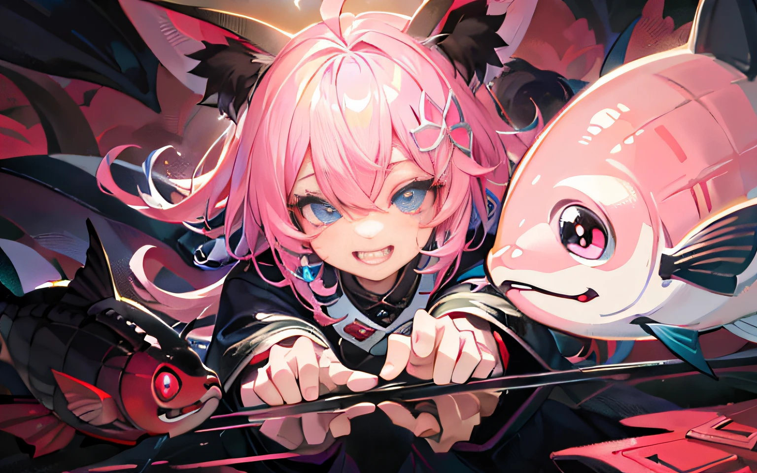 Anime girl holding a fish with pink hair and cat ears, Splash art anime , trending on artstation pixiv, Official artwork, Digital anime illustration, Detailed digital anime art, style of anime4 K, anime illustration, Digital art on Pixiv, pixiv contest winner, Artgerm and Atey Ghailan, Anime style illustration, pixiv daily ranking