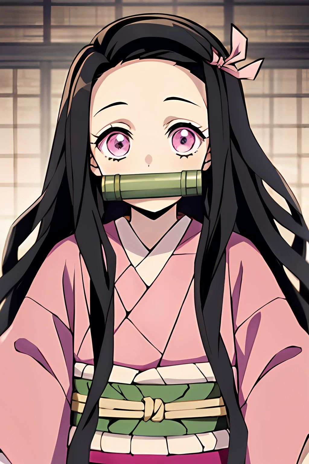 kamado nezuko, kimetsu no yaiba style, 1girl, black hair, forehead, hair ribbon, japanese clothes, kimono, long hair, multicolored hair, pink eyes, pink kimono, pink ribbon, ribbon, very long hair,  gagged, bit gag,  ((masterpiece))