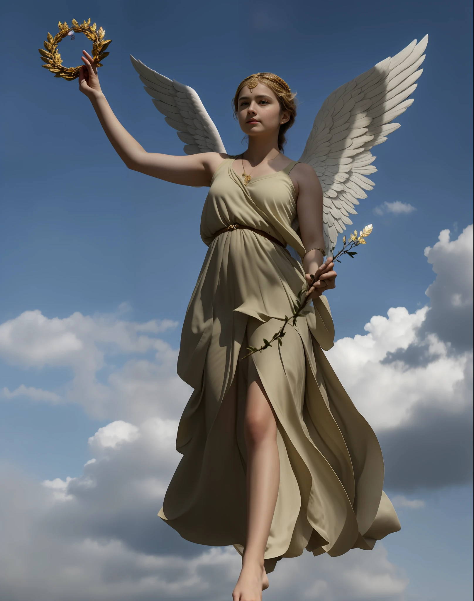 A young girl holds a circle made of an olive branch in her hand，The other held an olive branch in his hand, with fair skin，Golden hair，White coat，Barefoot，beautiful angel, tall female angel, Large wings of an eagle, Wings of Victory!!!, full - body majestic angel, goddess of greek mythology，Realistic photography，