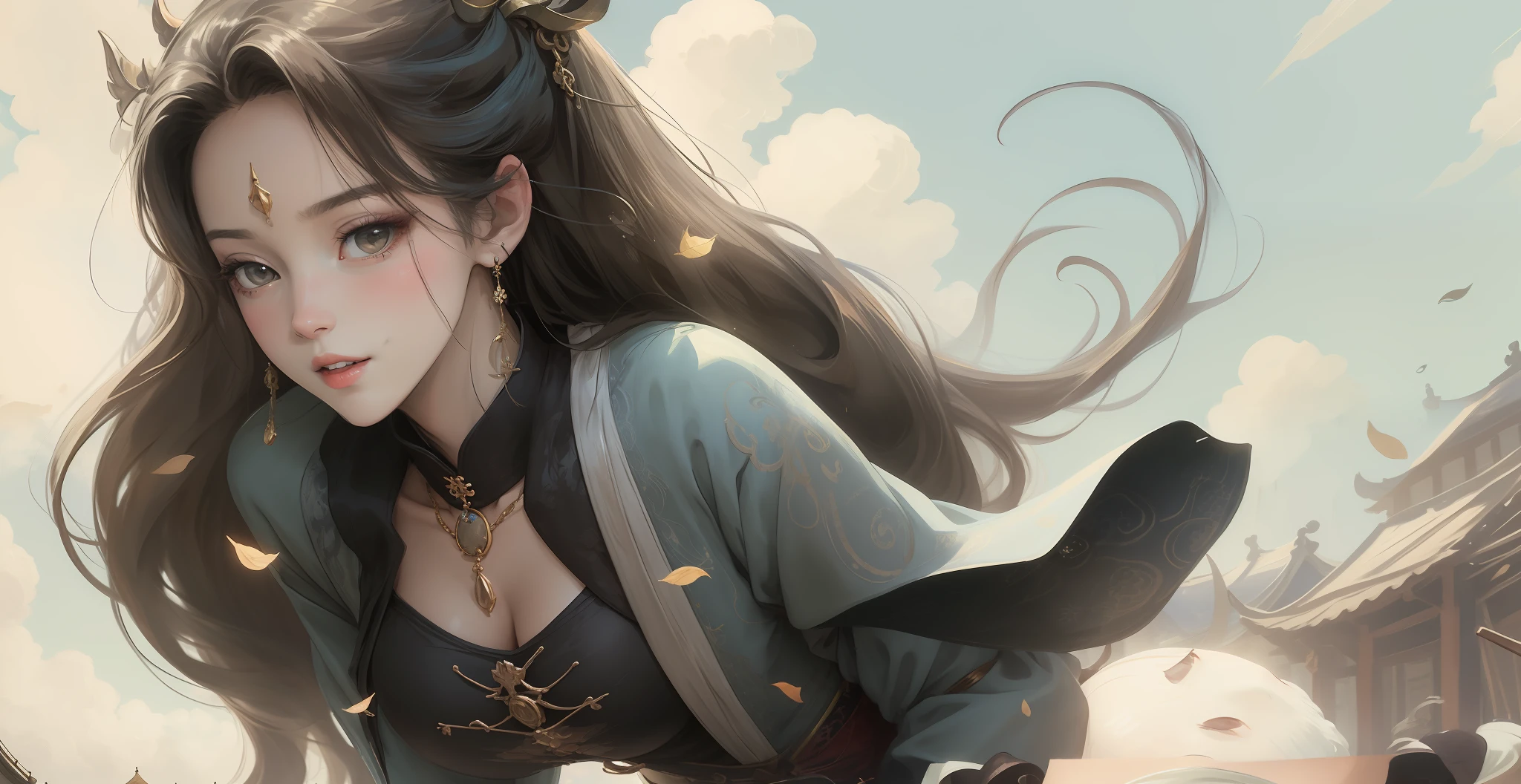 hair bobbles, hair flowing,long whitr hair,dark-blue hair,blue colors,blue hairs,Rained,Uma personagem feminina,a queen,queen,standing on your feet,Gemini,sagacious,clever,chariot,Wave Fang Xuan,combats,27years old,unfold,full bodyesbian,Pull the corner of the skirt to rotate, beautifullegs,long eyelasher, solid circle eyes, Metal hair accessories,Hairpins,Light smile, Ear blush,, shadowing, anaglyph, stereograms, angle of view,Atmospheric perspective, vast,ink and watercolor painting, Anime style, post impressionist, 8K, Super detail, ccurate, Best quality,Beautiful,long hair flowing,Ancient wind,Eau,Ancient wind,period costume,blue colors,Chinese big breasts,The background is vast,Floating shade of light blue,head gear,Forehead,jewelry,Be on one's high horse,Antique background,Sheng Tang,Bustling and quaint,The background is bustling,A glimpse of dawn,Thin chain forehead,Beautiful,flowy,Long sleeves floating,Long clothes,Bare chest,Long sleeves floating,Wide sleeves,Eyebrow decoration,A flower on the forehead,pale red,The sleeves get bigger,The skirt becomes longer,Blue gold style,Fallen leaves,Sparkling,Sparkling,Floating shade of light green,ssmile,Luxurious clothes,Gorgeously dressed,Long sleeves fluttering,deep v big breasts,low chest