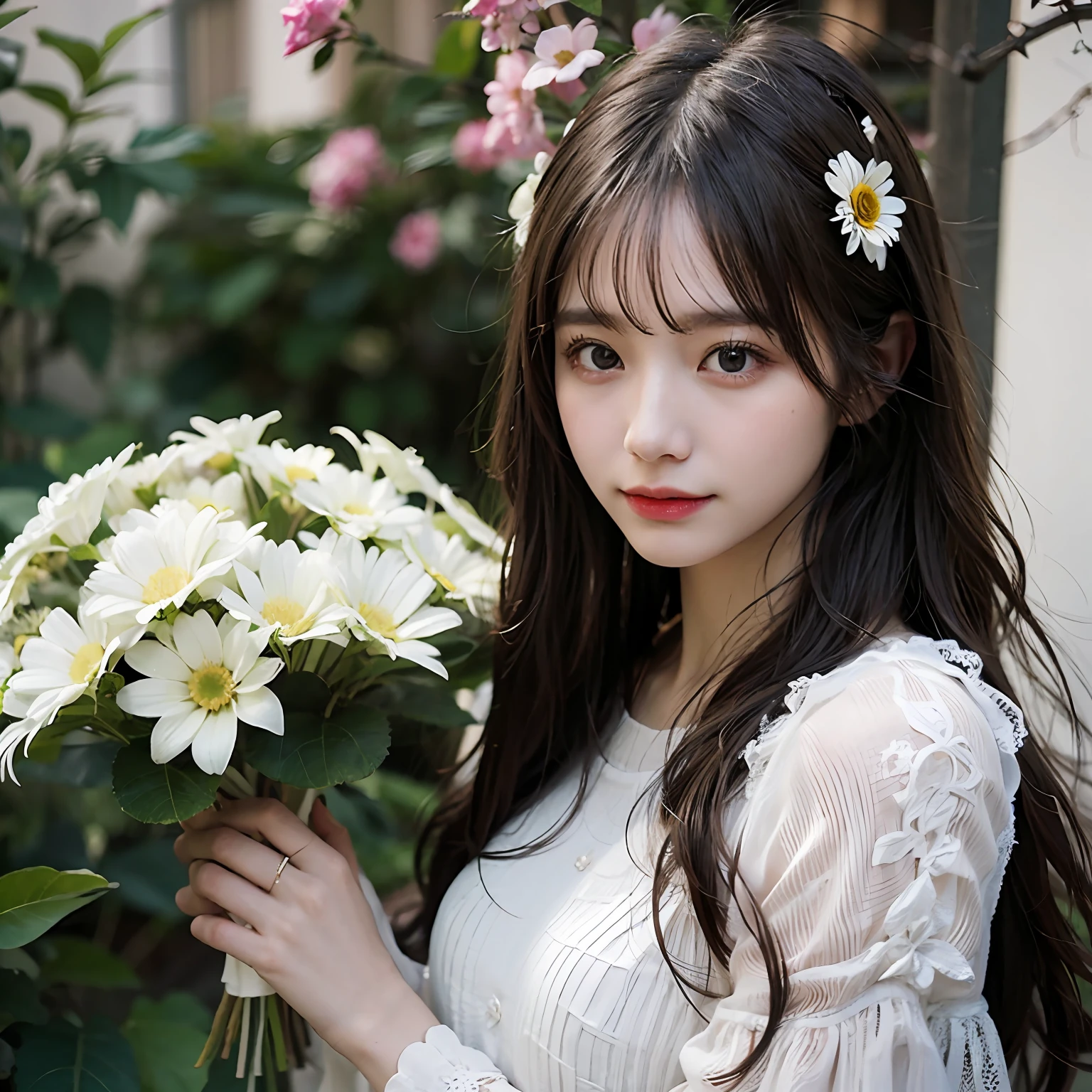 daisy, flower, Long hair、beste-Qualit、8K、photographed、Fashion brand photography、