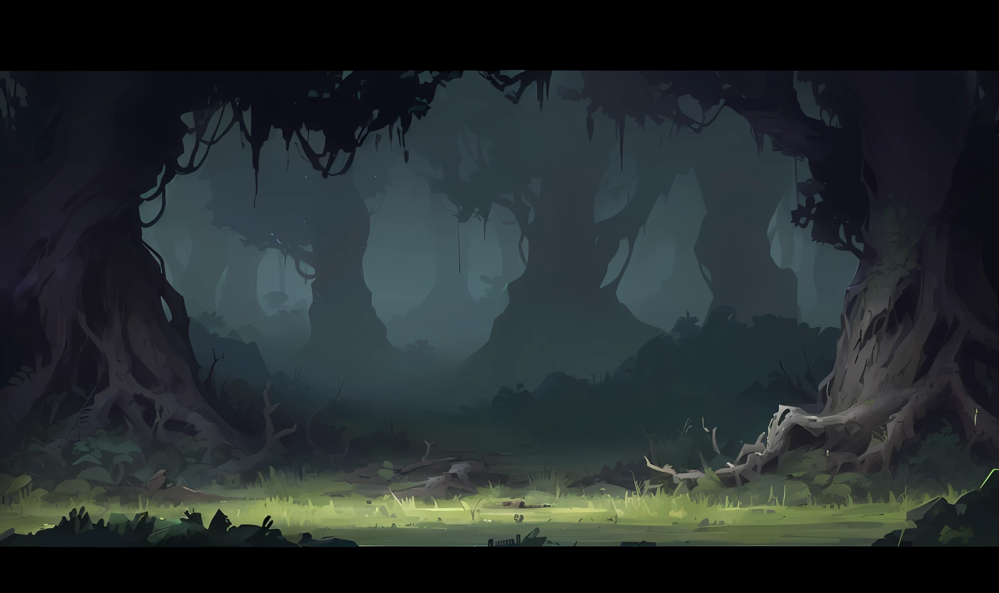 there is a cartoon style scene of a forest with a dead tree, 2 d game art background, 2d game background, dark forest in the background, dark forest background, background artwork, dark forest in background, background art, dystopian gray forest background, game background, old dark forest, videogame background, dark swamp, grey forest background, 2 d game environment design