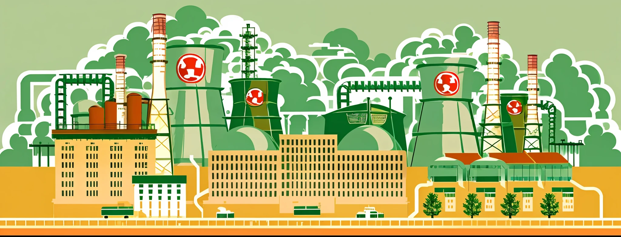 Illustration of a factory with a nuclear symbol at the top, nuclear reactor, nuclear power plant, nuclear energy future, nuclear power, nuclear waste, Nuclear background, post-nuclear, nuclear, post nuclear fallout, nuclear wasteland, serene post-nuclear background, nuclear power, reactor, nuclear fallout, power plants, nuclear fusion, Flat illustration, Factory background