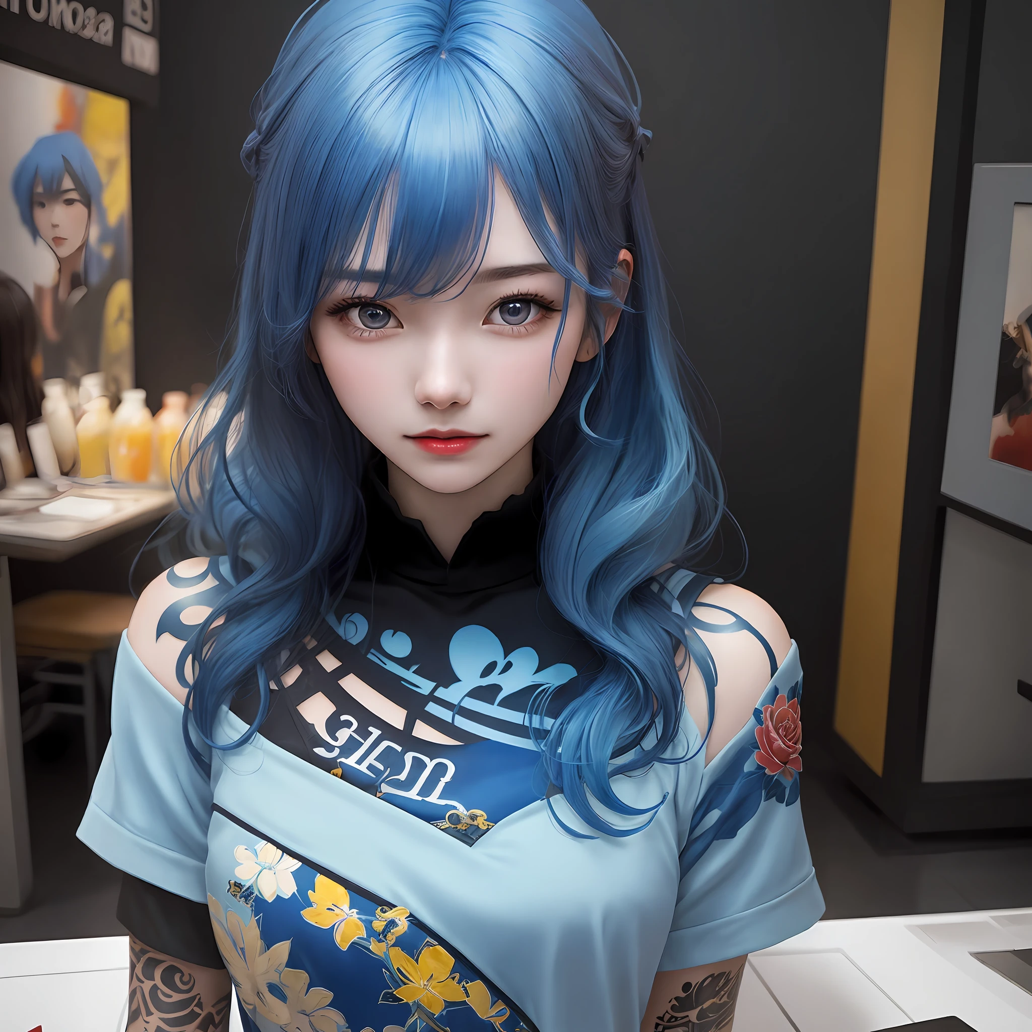 Ultra-high definition 2D art, close-up (1 woman), light blue hair, 2D animation style, soft and delicate depiction, attention also on her full-body tattoos (full-body art), landscape mode, masterpieces by Guweiz and James Jean, tattoo expert designs by CGSCOSITY, etc. A beautiful blue-haired girl who became a hot topic at the trend art station of Japan.