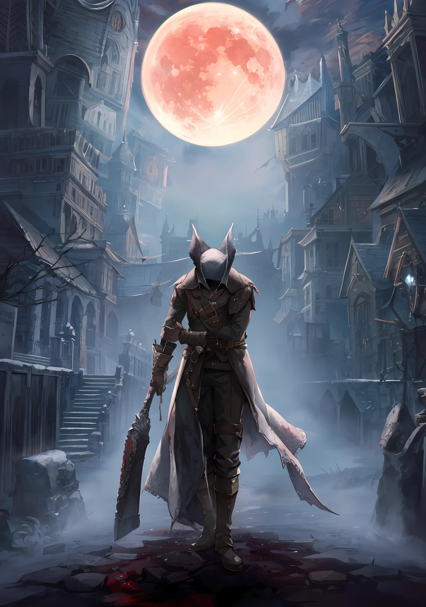 There was a man with a sword in the city, portrait of a bloodborne hunter, bloodborne art, bloodborne style, from software game, Bloodborne, bloodborne monster, Stylized urban fantasy artwork, fromsoftware, bloodborne concept art, sekiro in bloodborne world, inspired by Lucas Graciano, an ominous fantasy illustration, Dark fantasy artwork, backlight, lots of blood, monsters, perspective from afar