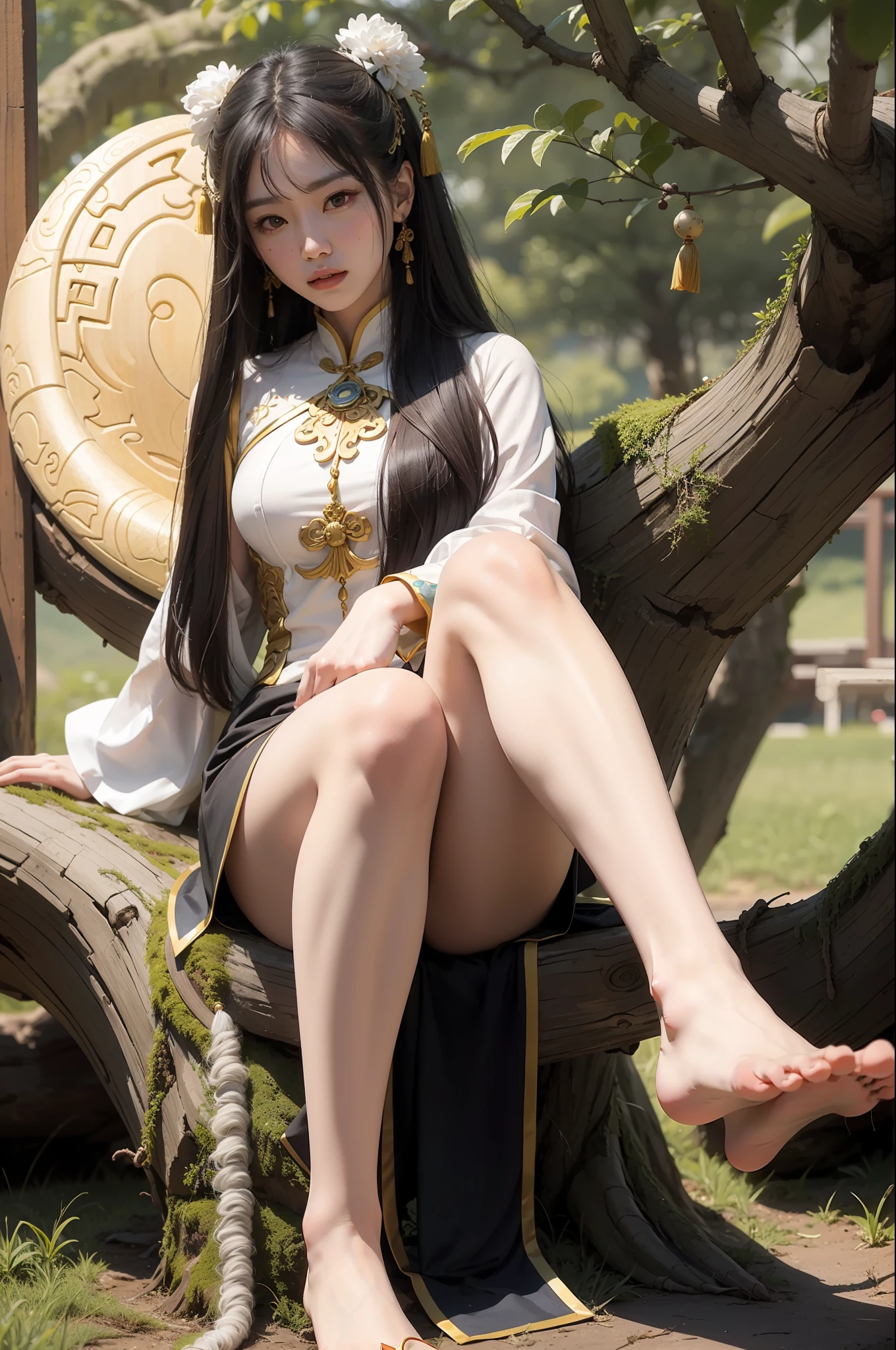 Chang'e white silk ancient style tree overlooking feet