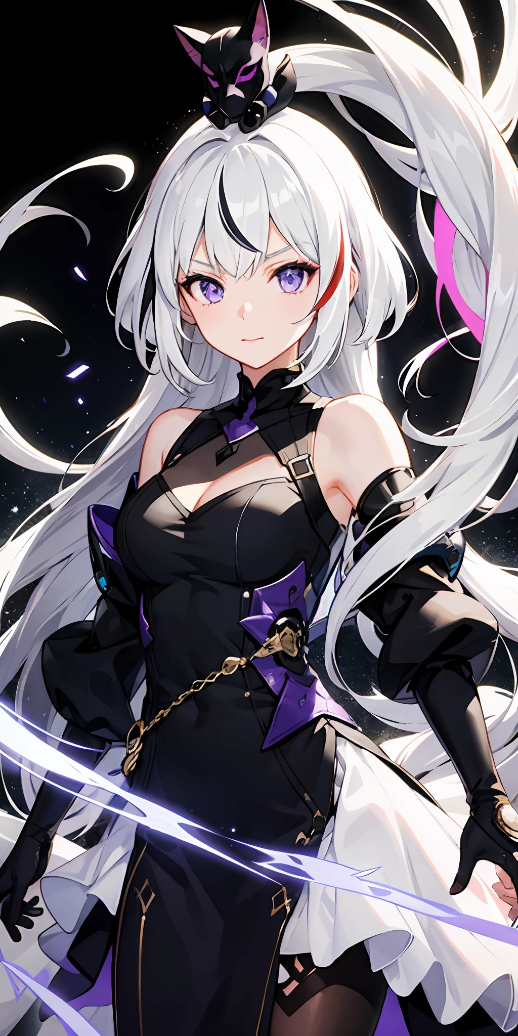 1girl, white hair, multicolored hair, purple eyes, mask on head, sidelighting, light particles, wallpaper,