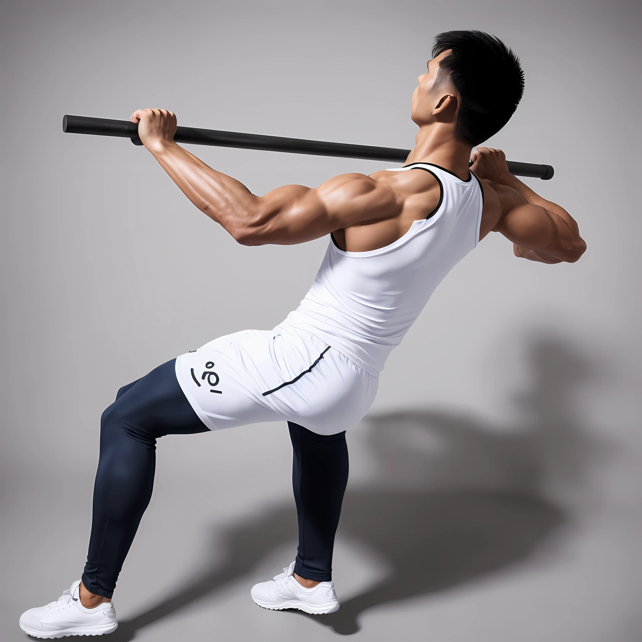 A man working out,Healthy body shape,Asian people,sideface,Trendy clothing,Wearing track suit、Sport Tank Top,Shorts and sneakers,Bench pressing。The background of the picture is white,Short hair is realistically presented。Ultra-high level of detail,Able to fully display the details of the human body,tmasterpiece,8K,photography of,