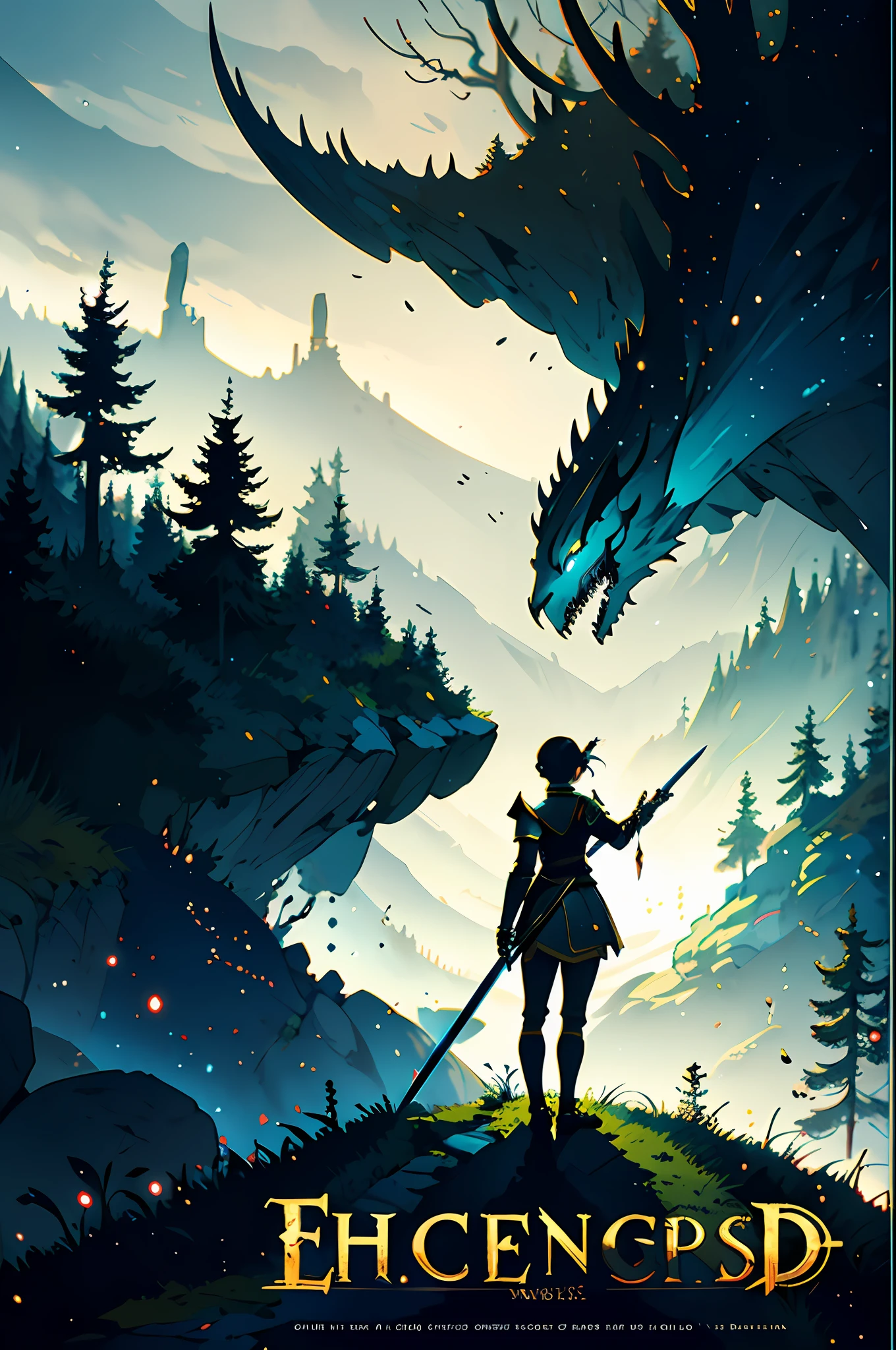 fantasy, epic, movie poster-style illustration, a girl standing in armor, wielding a sword, with a dynamic and magical background, featuring prominent and well-designed typography elements,standing, confident, determined, wielding a sword, epic title, magical forest, glowing runes, bold text