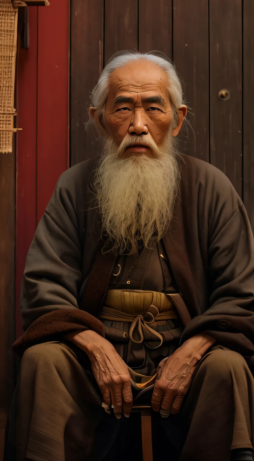 arafed man with a long beard sitting on a chair, An old man, ancient japanese monk, wise old man, taoist, old man in tokyo at night, inspired by Wu Daozi, old man, inspired by Hu Zaobin, portrait photo of an old man, taoist, an 80 year old man --auto