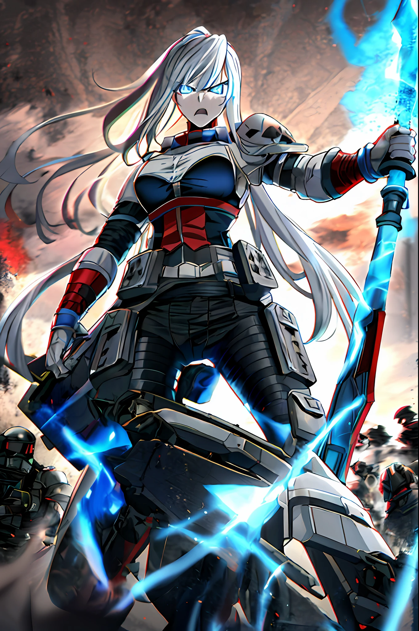 Anime girl, long white gray hair, muscle, blue eyes, taller, military suit sci fi, tactical, riot shield, very angry, evil, dirty, war, wear half mask, heavy blue axe, blue fire, atomic, fantasy, armor sci fi