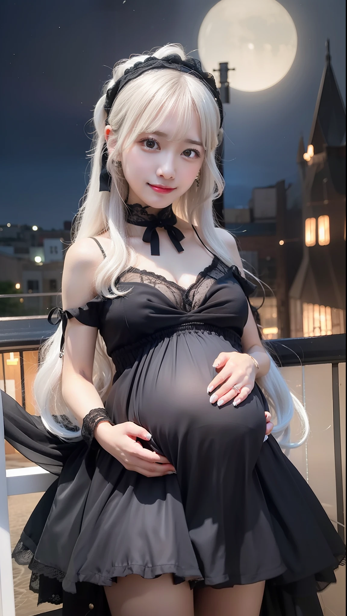 1girl, pregnant, smile long white hair,black Hairband, ultra detail, ultra realistic, masterpiece, best quality,70mm lens