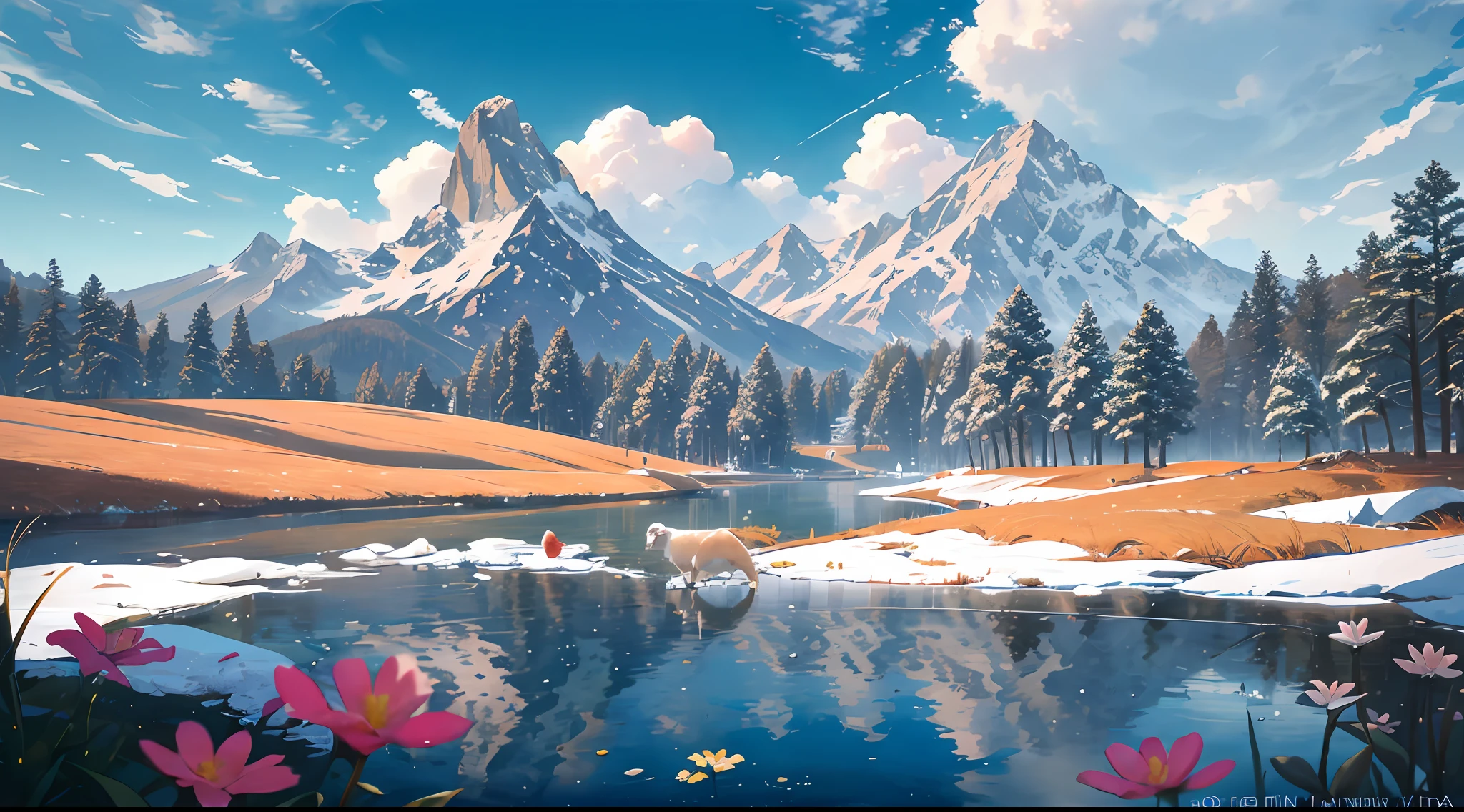 Summer, meadows, few small flowers, clear lakes, sheep, heaven, large clouds, blue sky, hot weather, HD detail, wet watermark, hyper-detail, cinematic, surrealism, soft light, deep field focus bokeh, distant view is snowy mountains, ray tracing, and surrealism. --v6