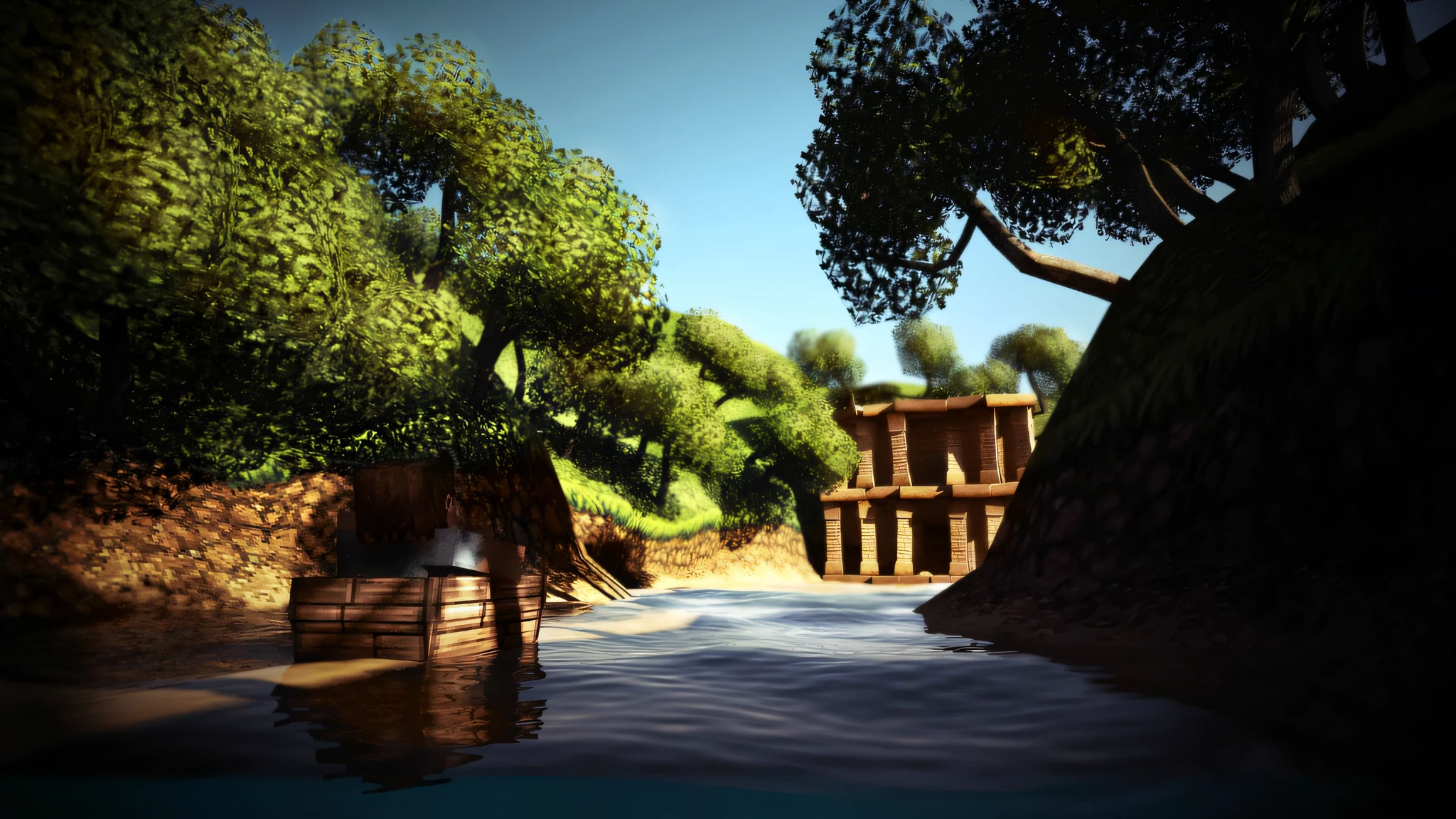 there is a horse standing in a river next to a building, villages , unreal engine, rendered in unreal engine 3, beautiful render of a landscape, rendered in unity 3 d, stylized 3d render, rendered in unreal engine 3d, beautiful screenshot, stylized as a 3d render, rendered on unreal 3 d, ancient wood environment, 3 d stylize scene