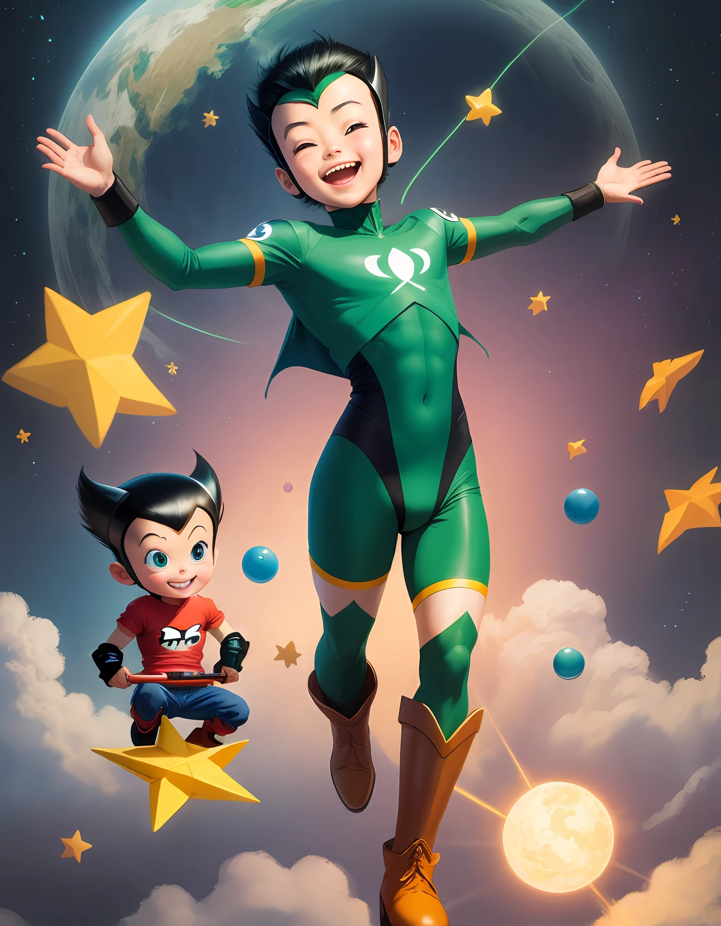 Flying Astro Boy with happy crayon Shin