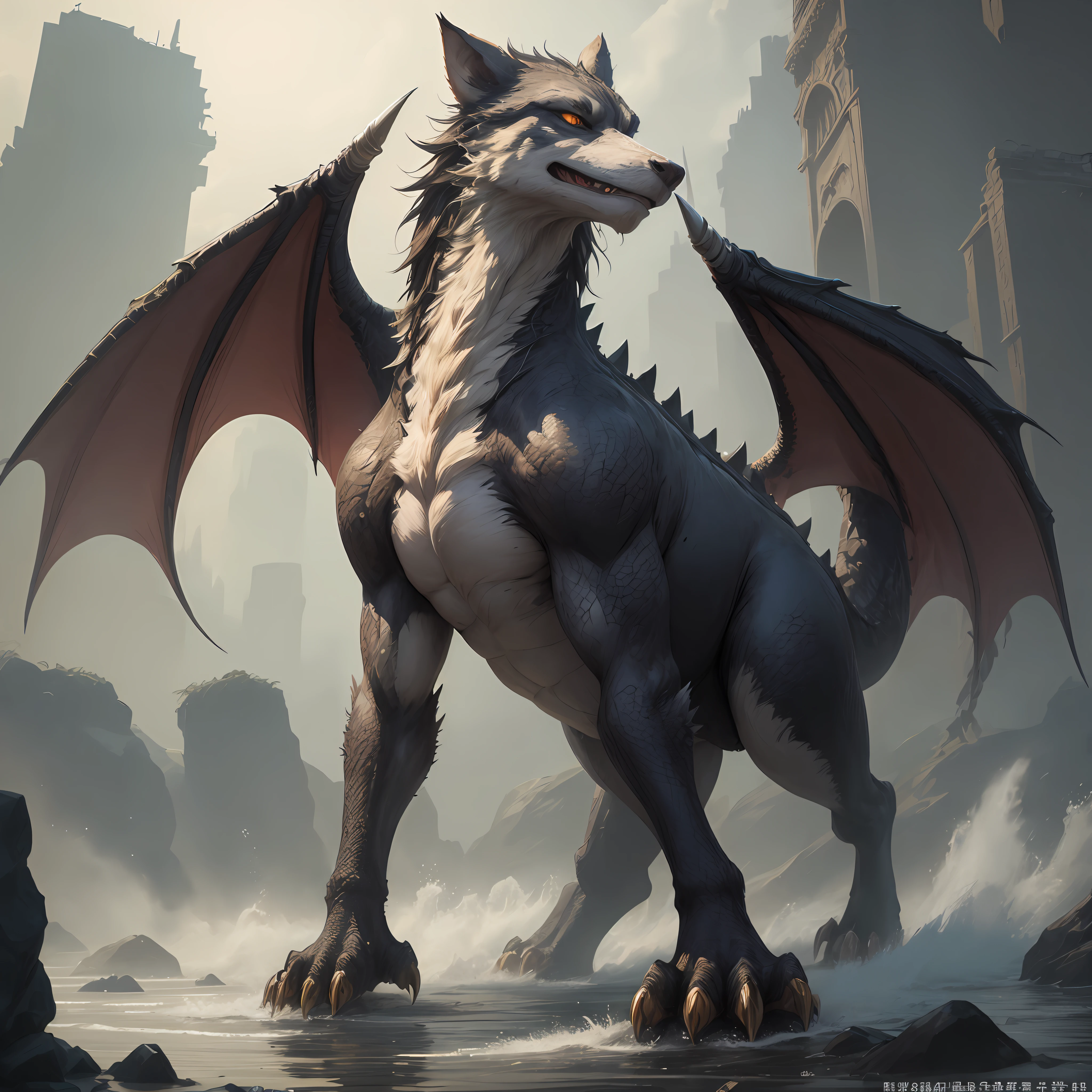 The domineering half-wolf, half-dragon stood in the stream against the wind,Hindlimb support,The hideous eyes flashed with the majesty of the world,The sharp dragon tail is tall。The Beast King's furry ears and details vary widely,Inspires cinematic effects and realism,Perfect presentation of the beauty of mythical creatures。