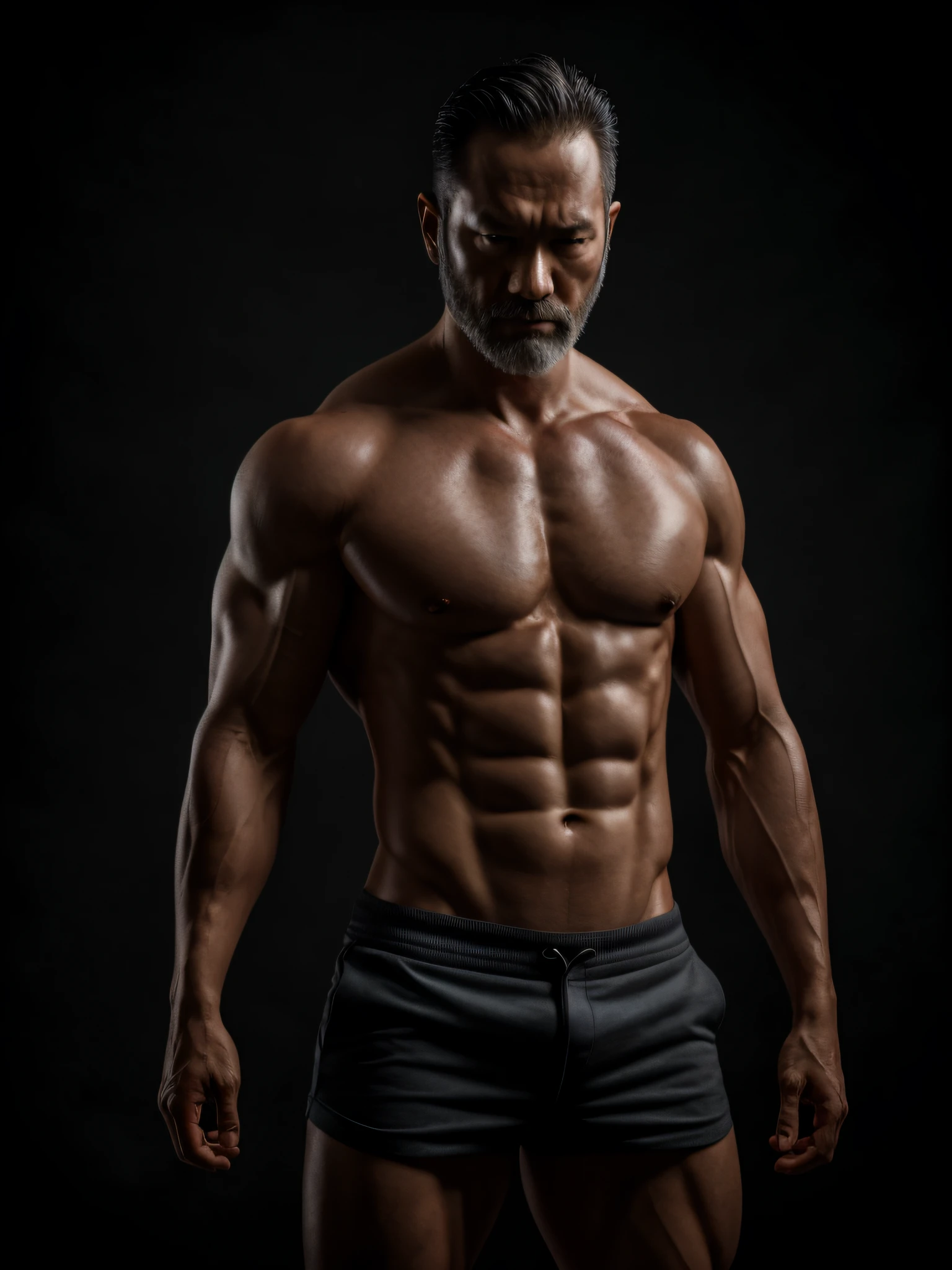 (Shirtless:1.3), extremely handsome, (well-defined build:1.2),(40 years old:0.9), (muscular body:1.2),which are full of confidence, studio shoot, (Natural lighting:1.2), (angry:1.1),japanese male,Bearded