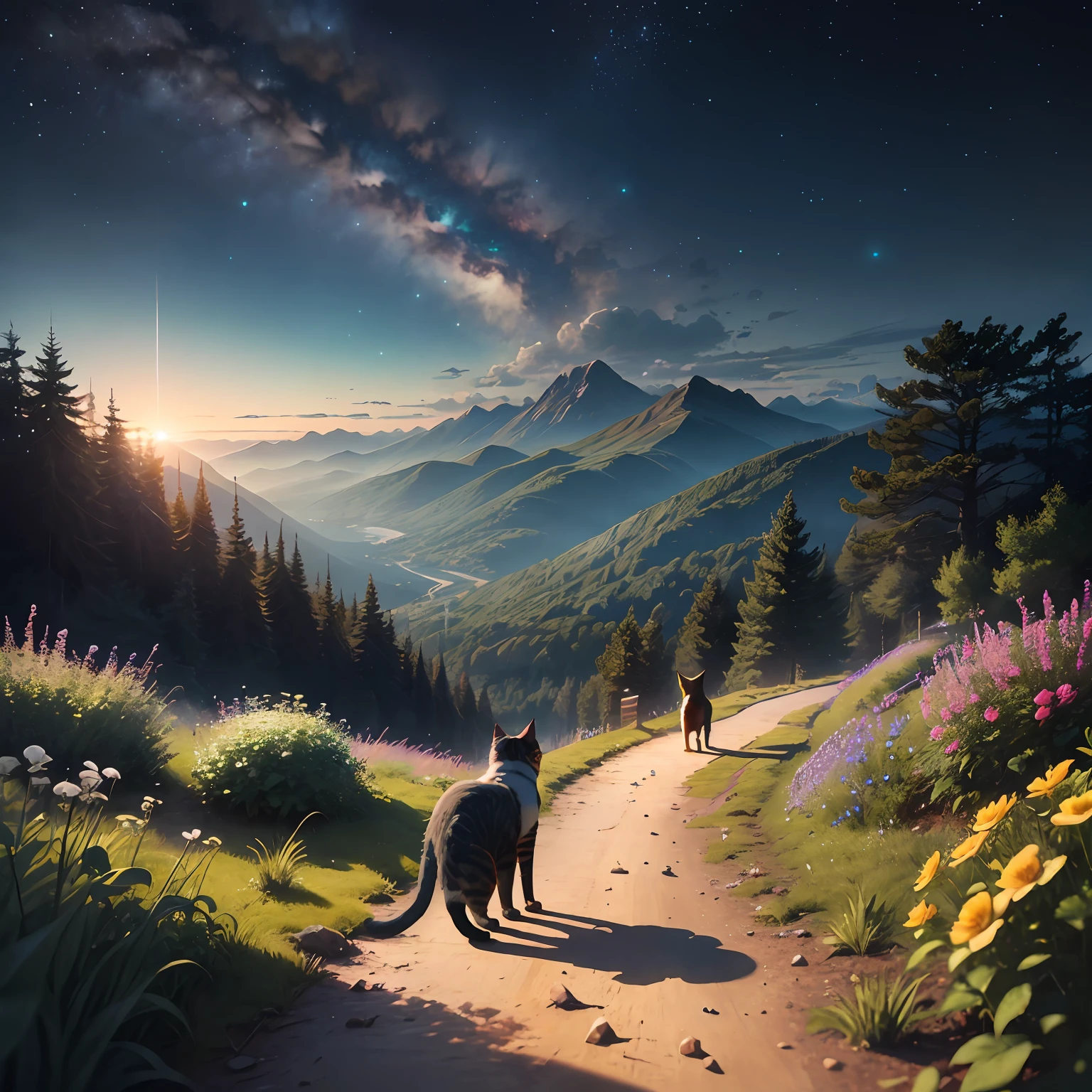 There is a cat walking on the path in the mountains, 4k highly detailed digital art, 8K stunning artwork, Beautiful art UHD 4 K, 4k hd matte digital painting, optimistic matte painting, author:Alexander Kucharisky, Beeple e Tim Hildebrandt, 8 k resolution digital painting, 8k resolution digital painting, beeple and greg rutkowski
